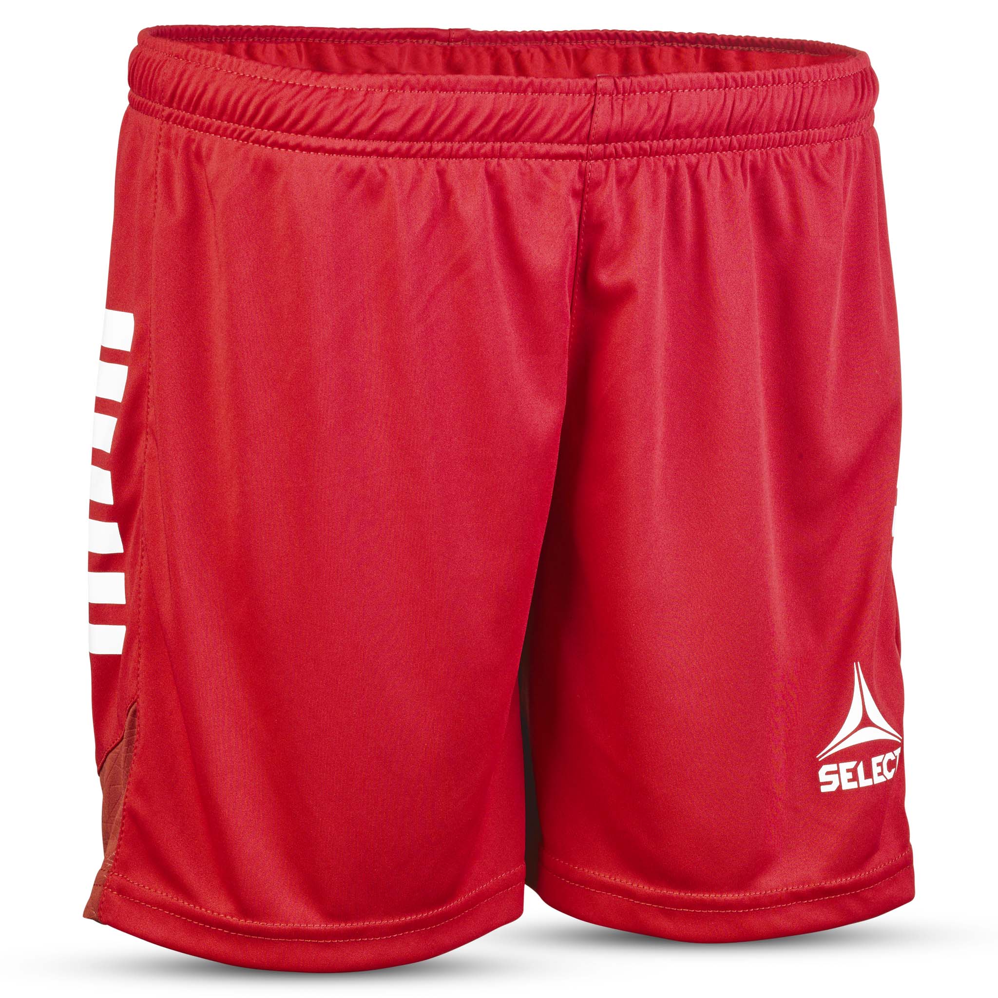 Røde Player shorts Spain woman v25, sett forfra, Match & Training wear med hvite striper og logo.