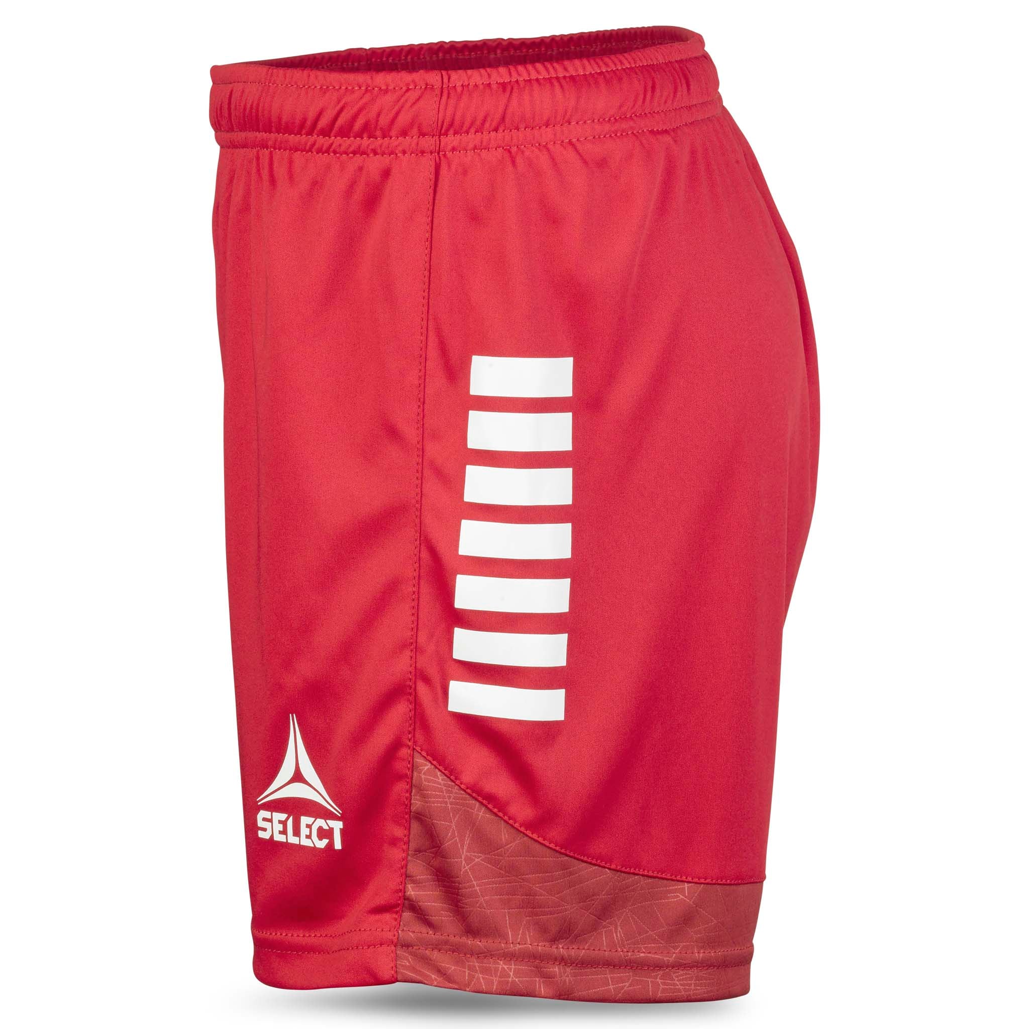 Røde Player shorts Spain woman v25, kamp- og treningstøy, sett fra høyre side med hvite striper og logo.