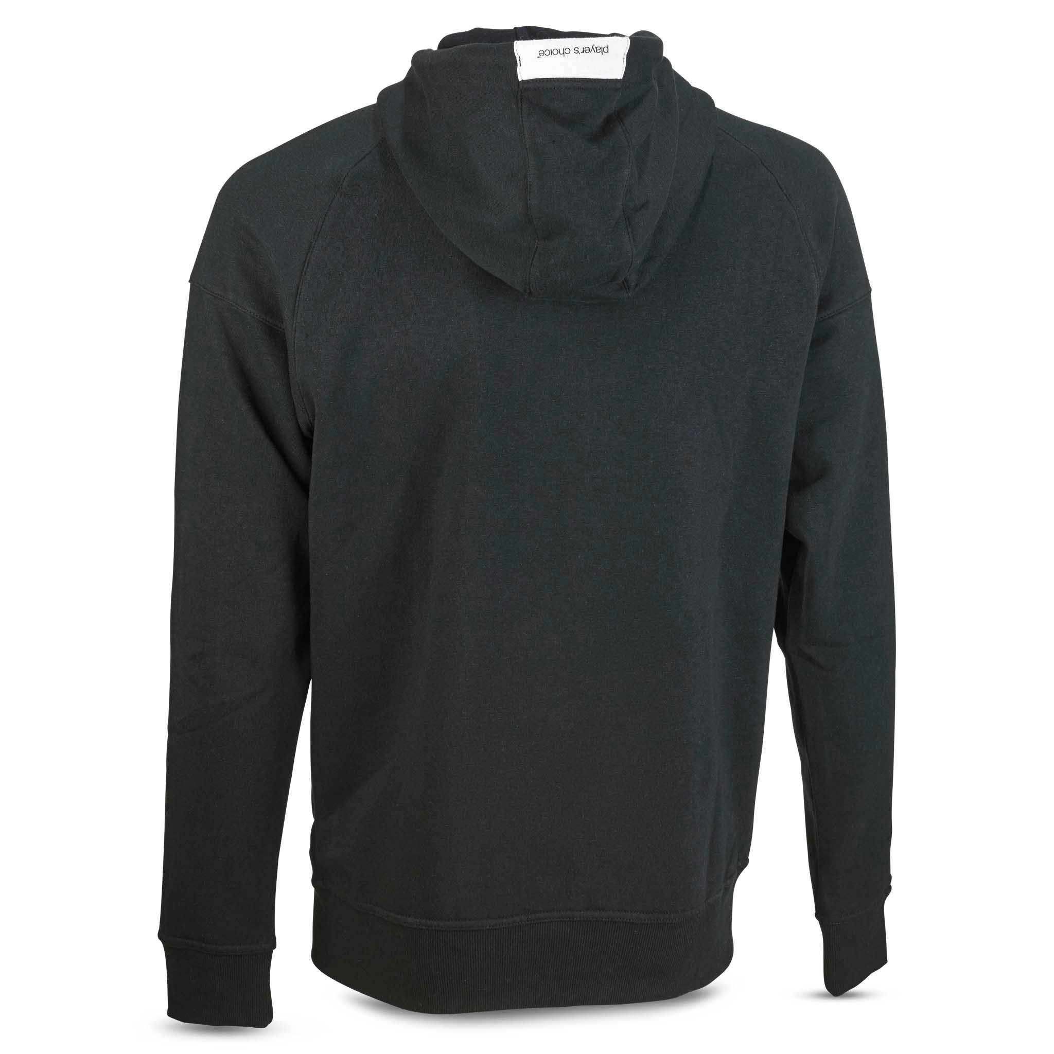 Svart Zip hoodie Oxford v25 fritidsklær, sett bakfra med hette og ribbede mansjetter.