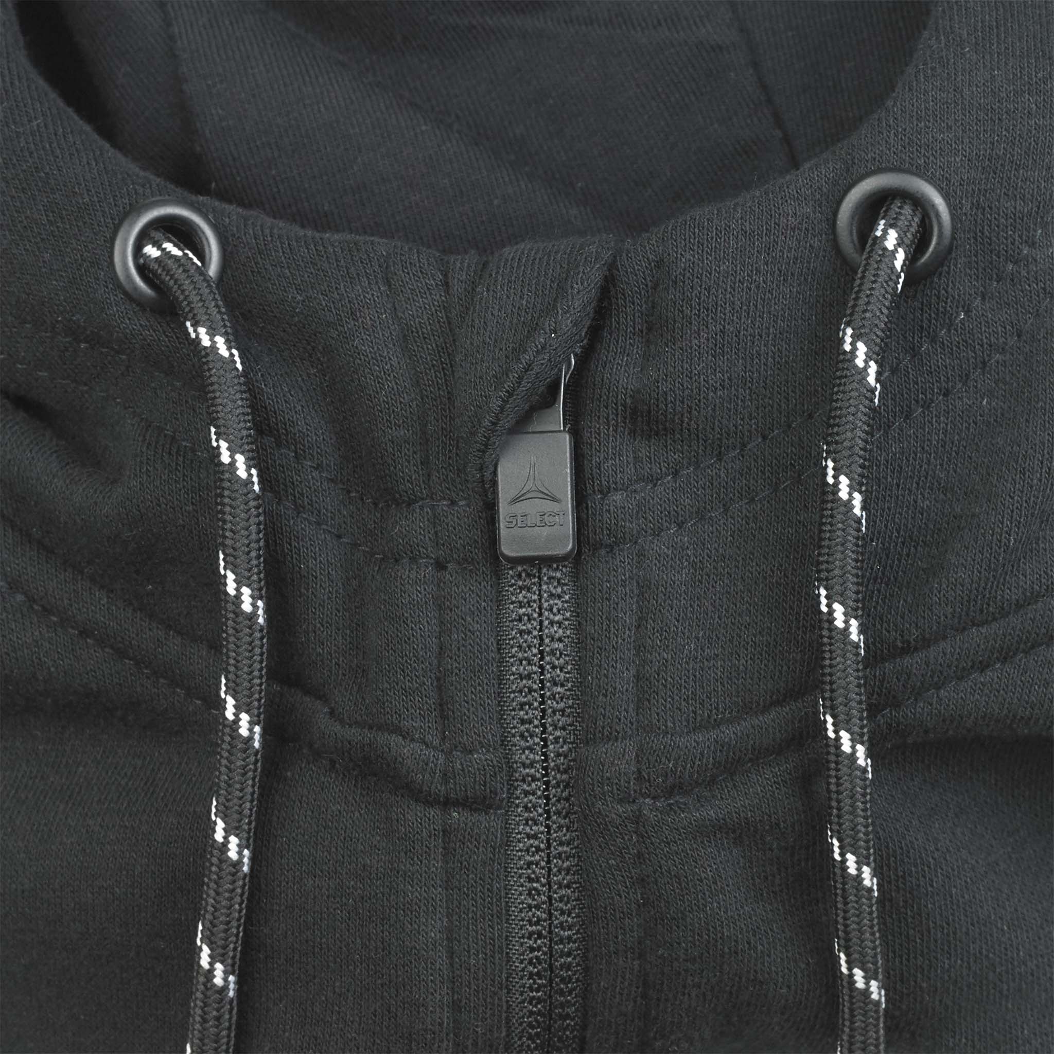 Nærbilde av sort Zip hoodie Oxford v25 fritidsklær med glidelås og reflekterende snorer.