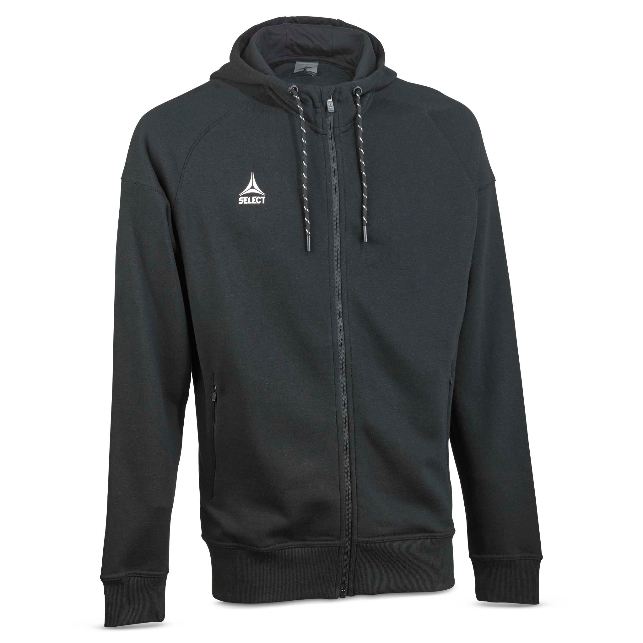 Sort Zip hoodie Oxford v25 fritidsklær, sett forfra med hette og glidelås, hvit logo på brystet.