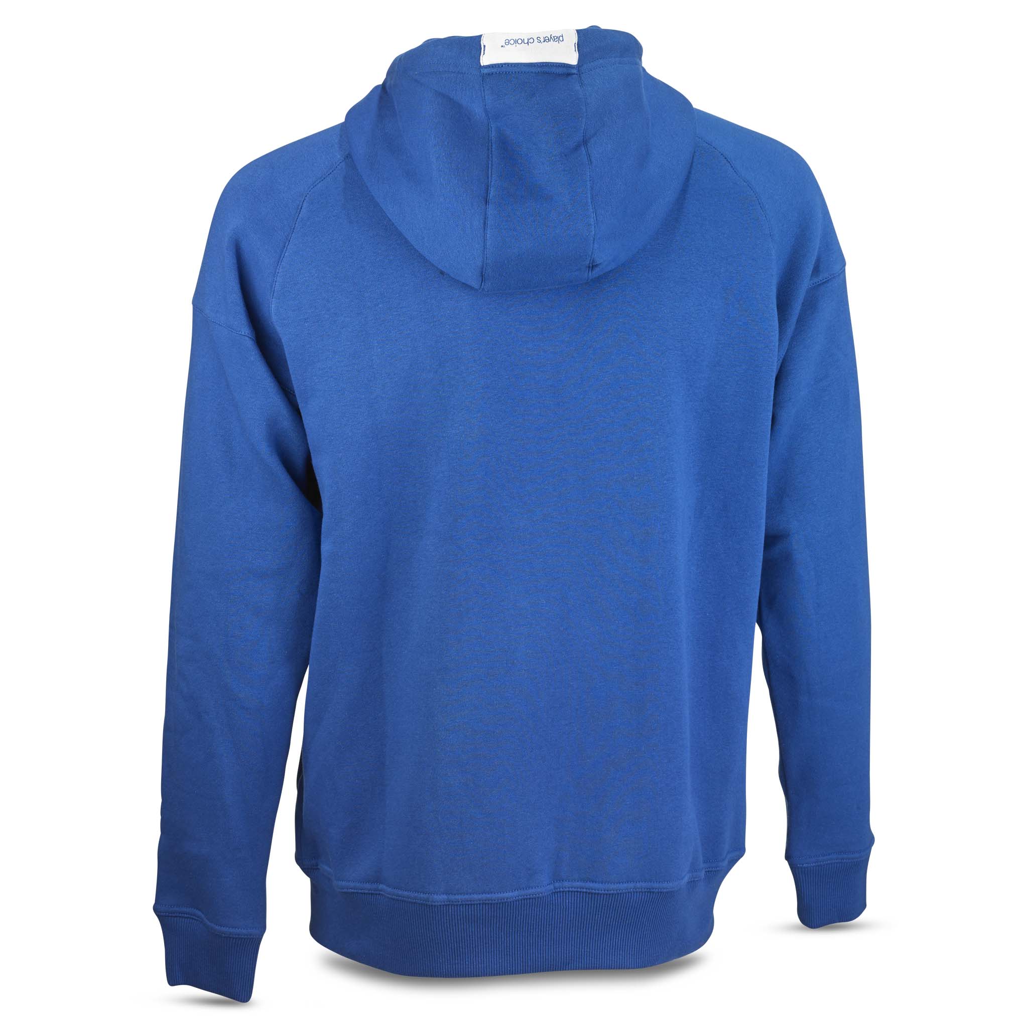 Blå Zip hoodie Oxford v25 fritidsklær, sett bakfra med hette.