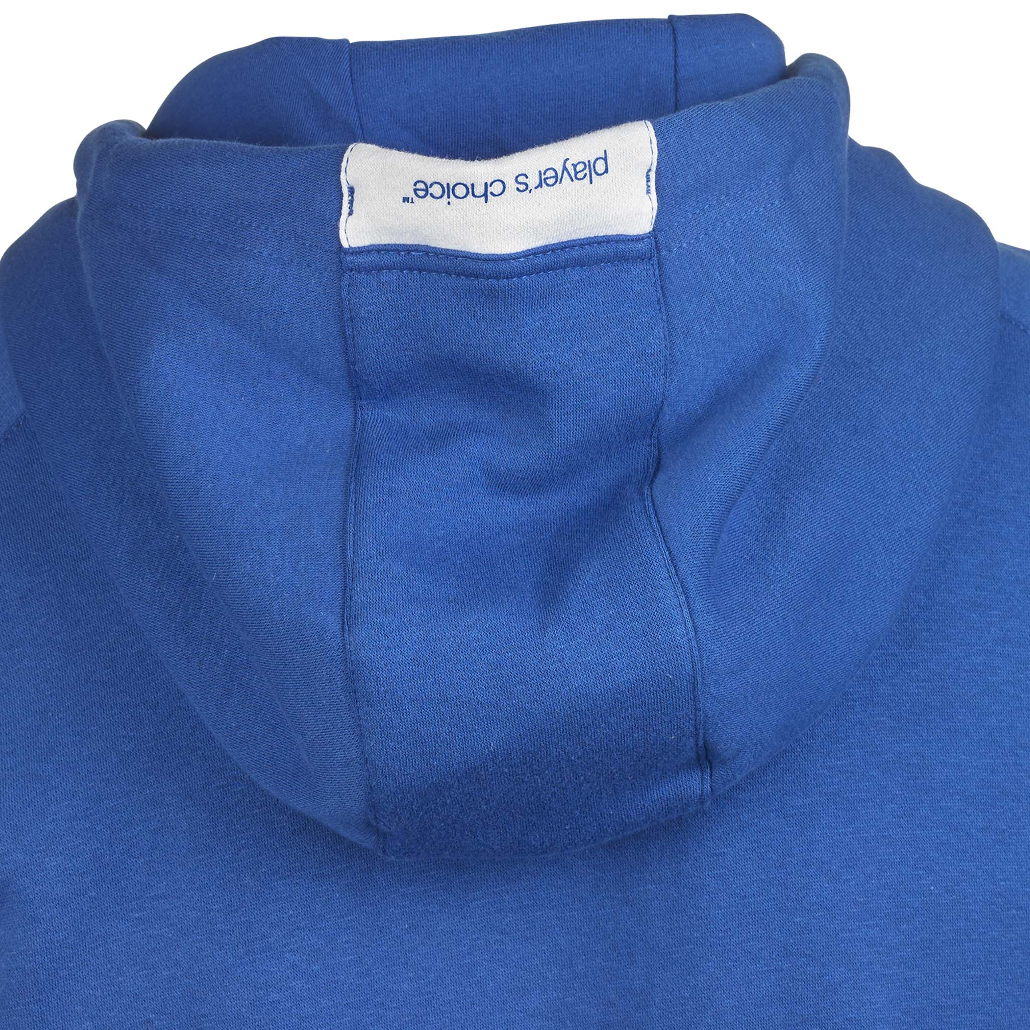 Nærbilde av blå Zip hoodie Oxford v25 fritidsklær, viser hette med hvit merkelapp.