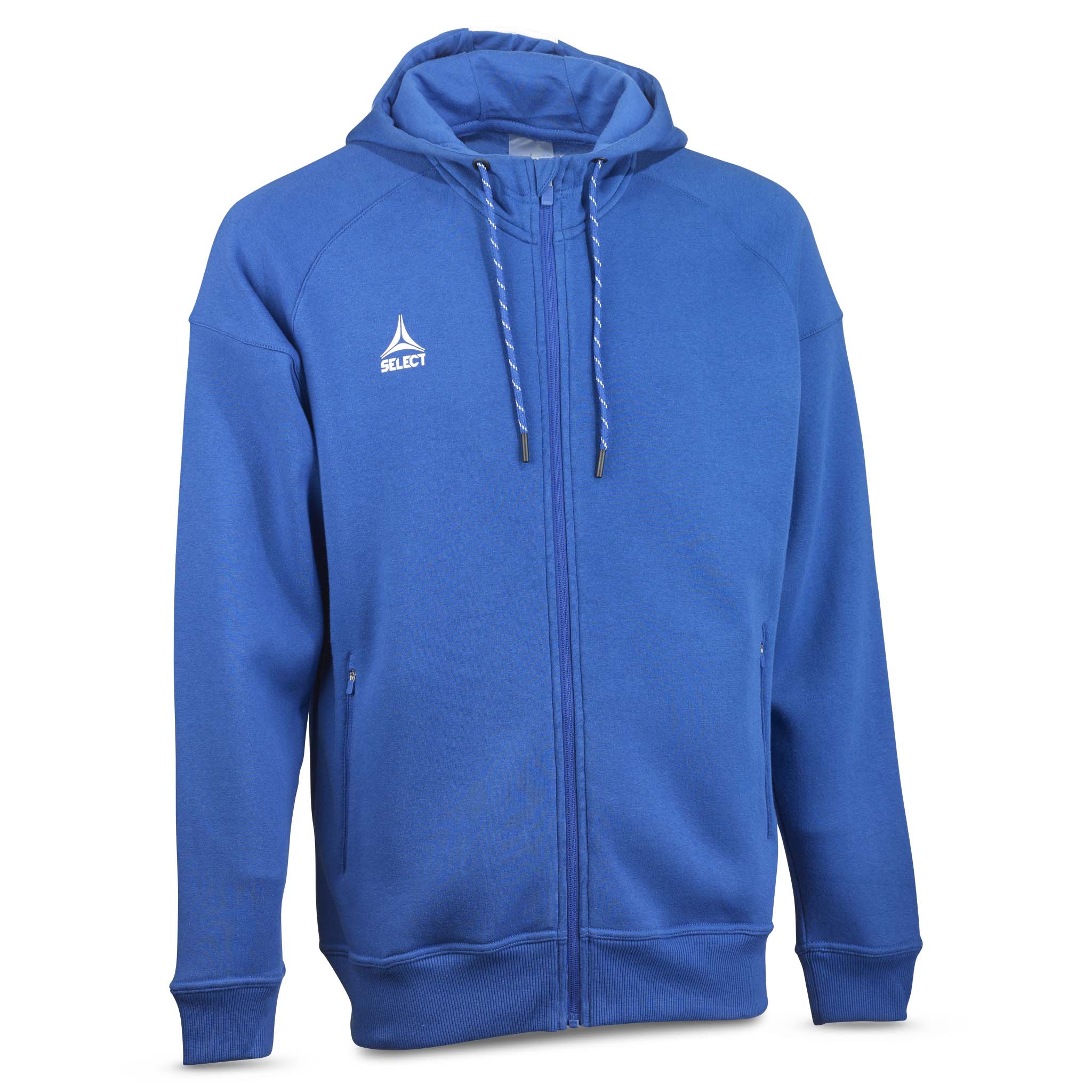 Forside av blå Zip hoodie Oxford v25, fritidsklær med hette, glidelås og hvit logo.