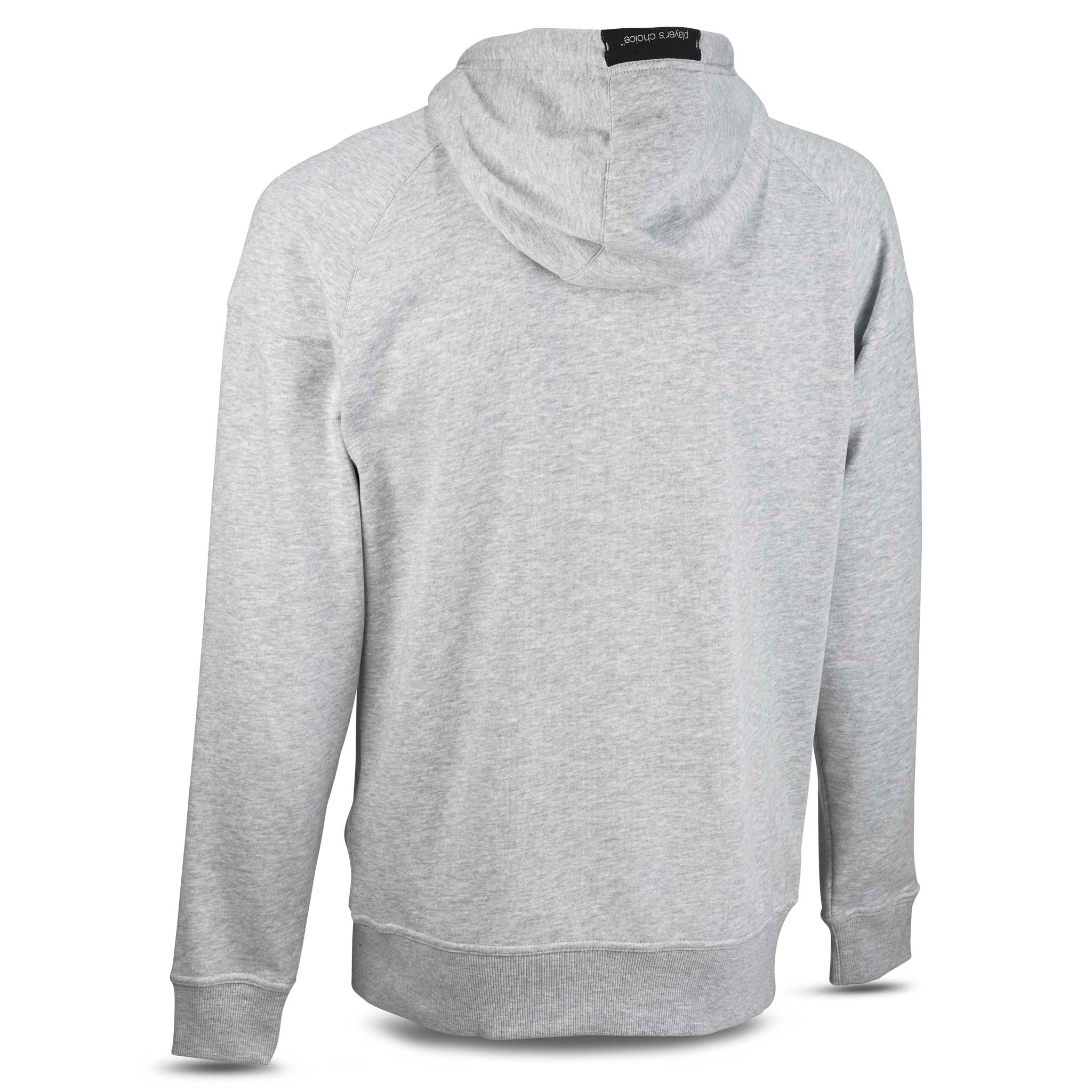 Grå Zip hoodie Oxford v25, fritidsklær, sett bakfra med hette og ribbede mansjetter.
