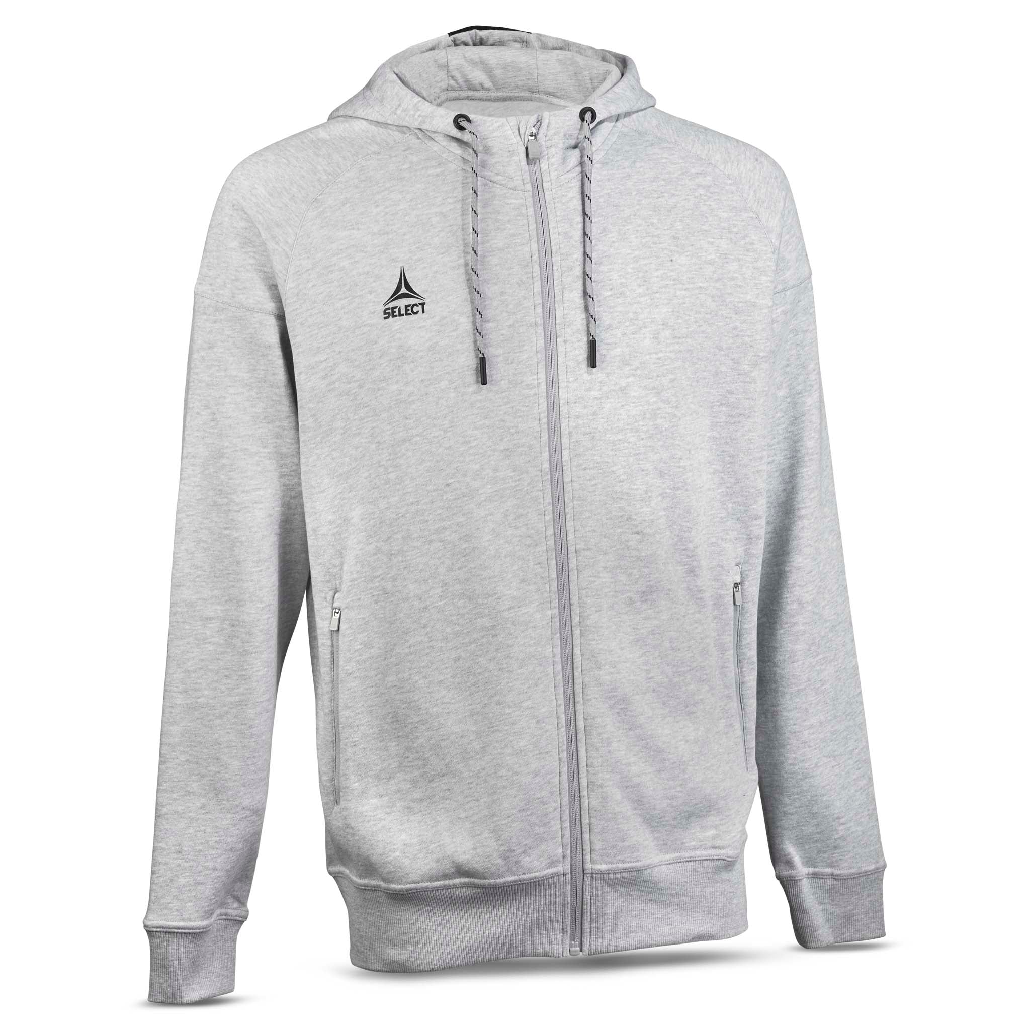 Grå Zip hoodie Oxford v25, fritidsklær, forside med glidelås og hette.