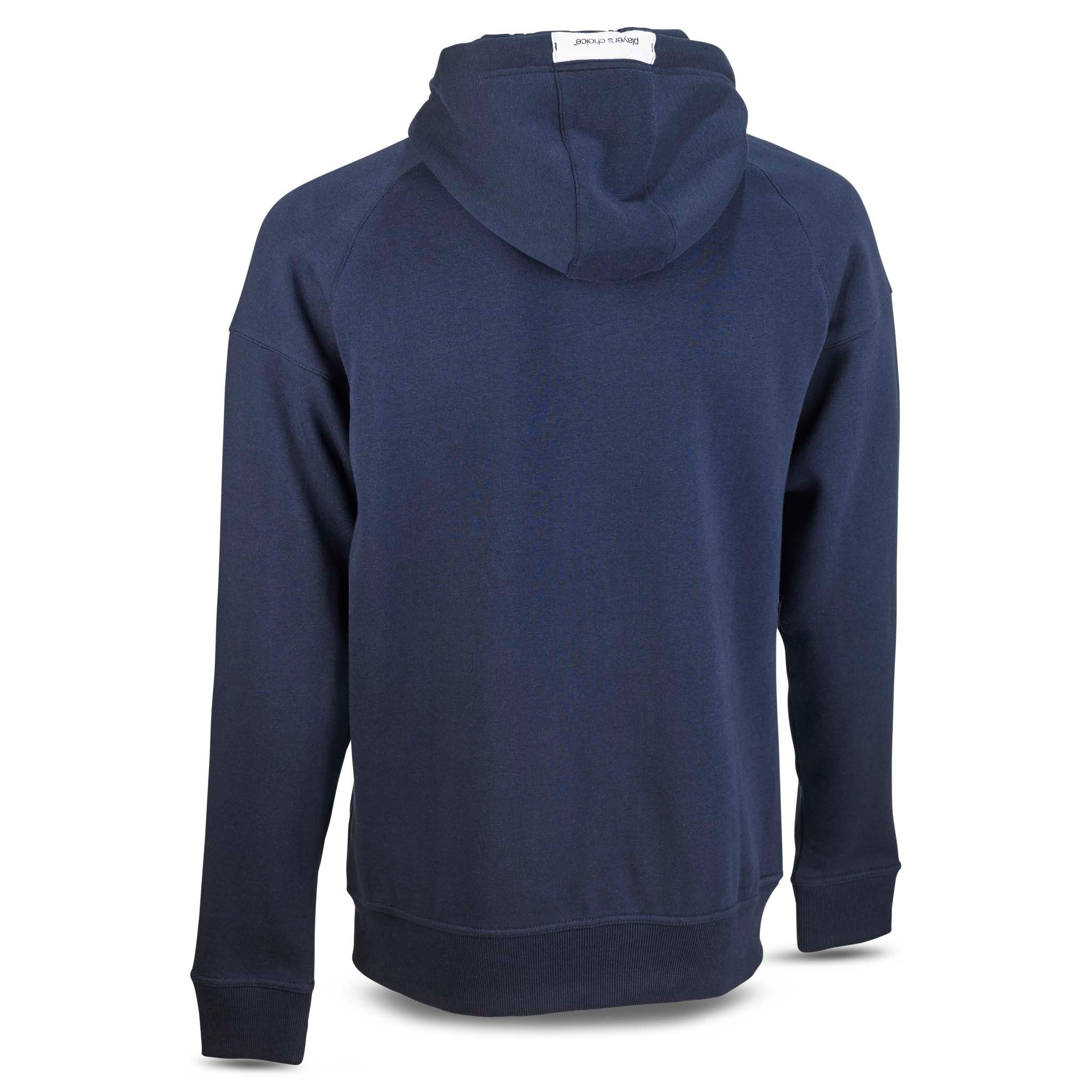 Marineblå Zip hoodie Oxford v25, fritidsklær, bakside med hette og fotballdesign.