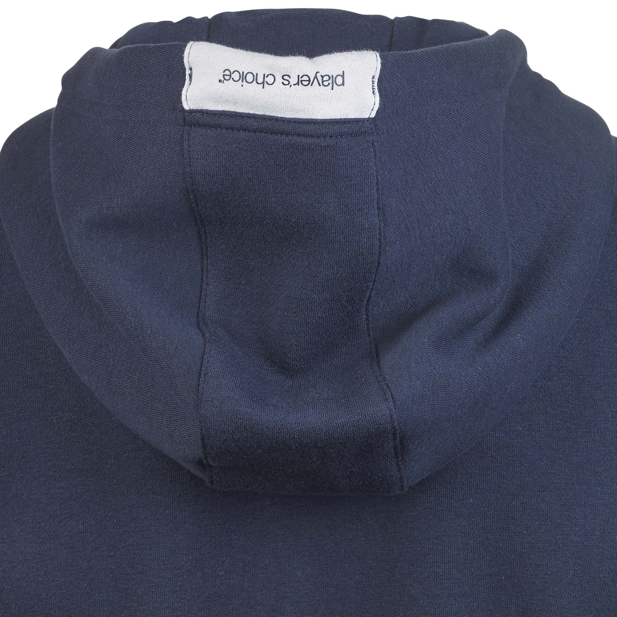 Nærbilde av marineblå Zip hoodie Oxford v25 fritidsklær, viser hette og player's choice-merke.