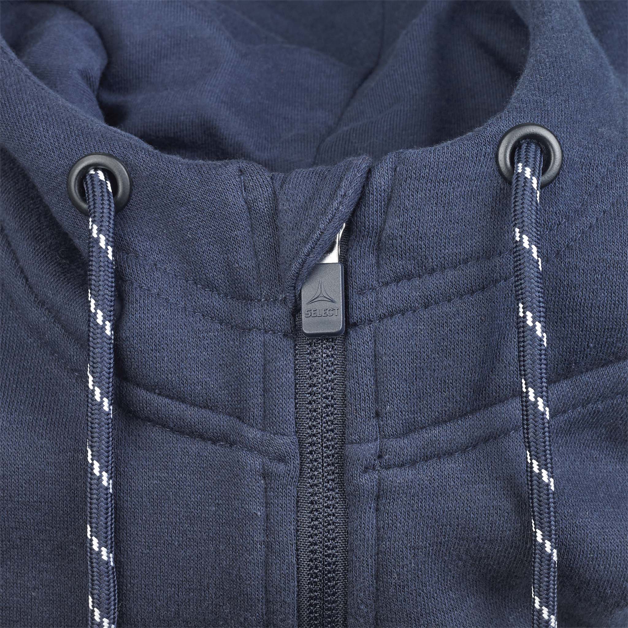 Nærbilde av marineblå Zip hoodie Oxford v25 fritidsklær, med glidelås og snorer.