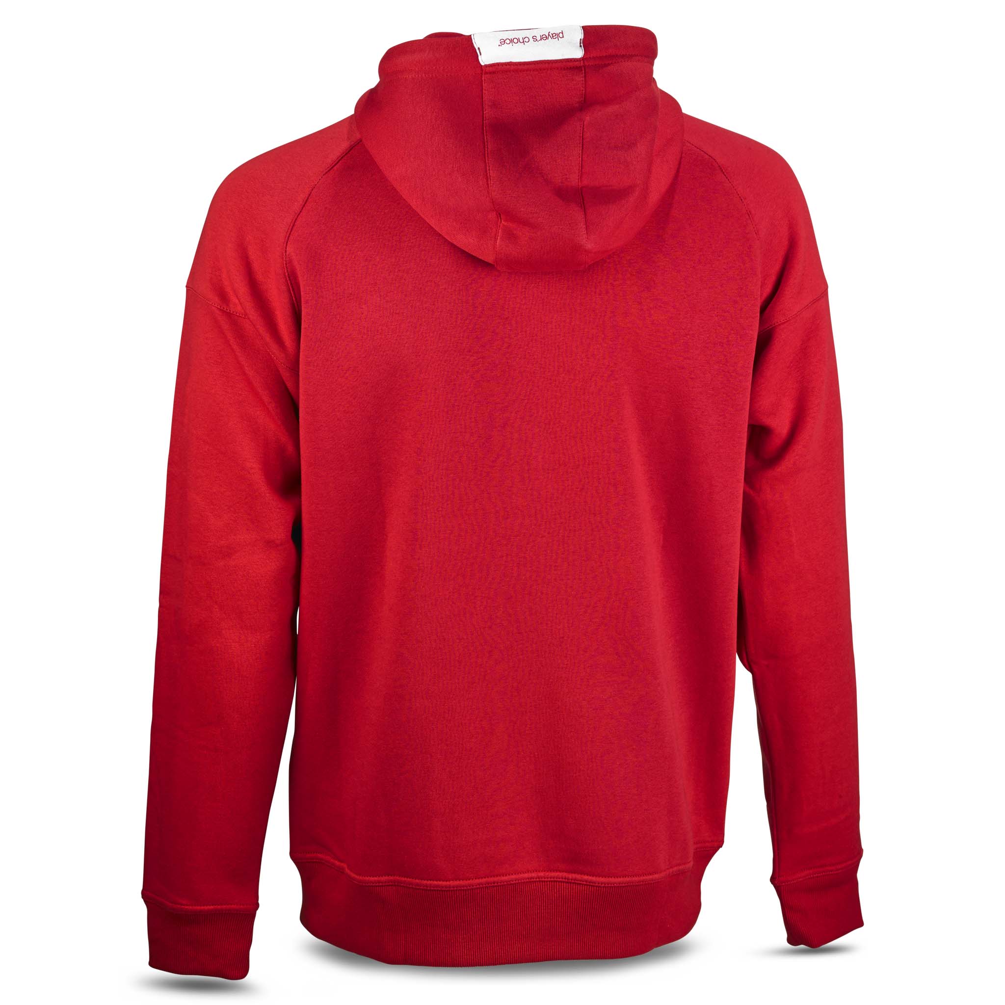 Rød Zip hoodie Oxford v25, fritidsklær, baksidevisning med hette og hvit etikett.