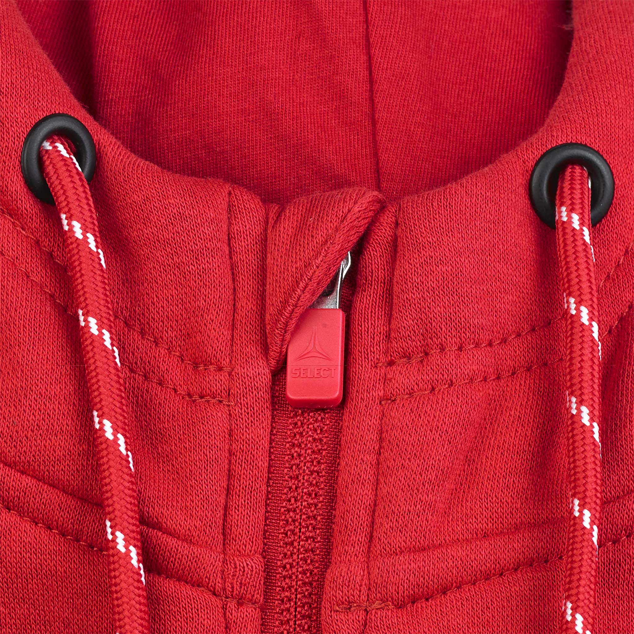 Nærbilde av rød Zip hoodie Oxford v25 fritidsklær med glidelås, hette og snorer
