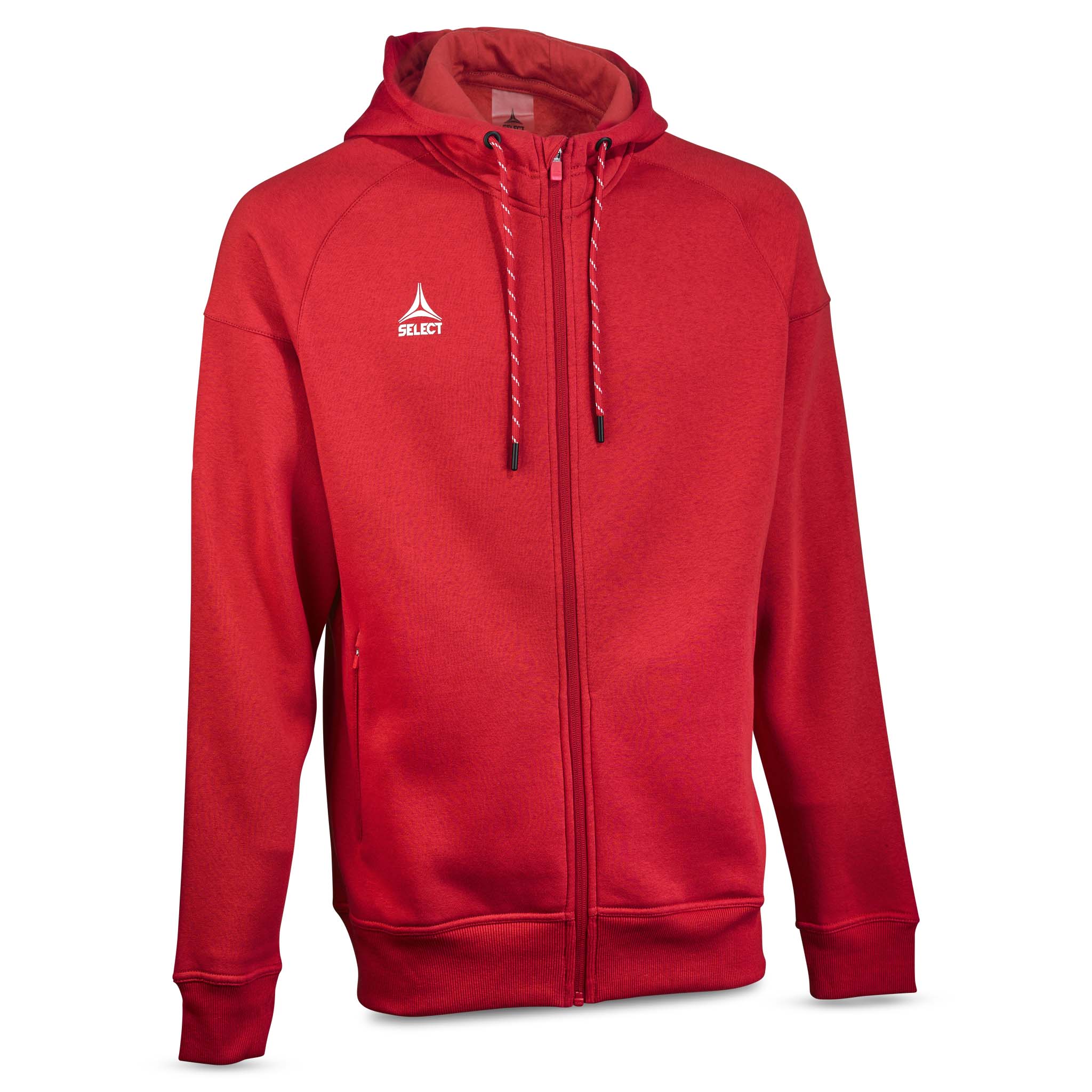 Rød Zip hoodie Oxford v25 fritidsklær med hette og snorer, sett forfra.