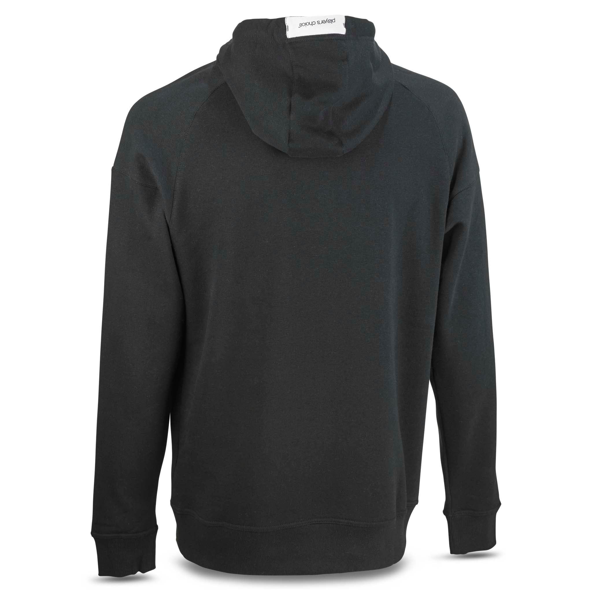 Svart Hoodie Oxford v25 fritidsklær, sett bakfra med hette og ribbede mansjetter.