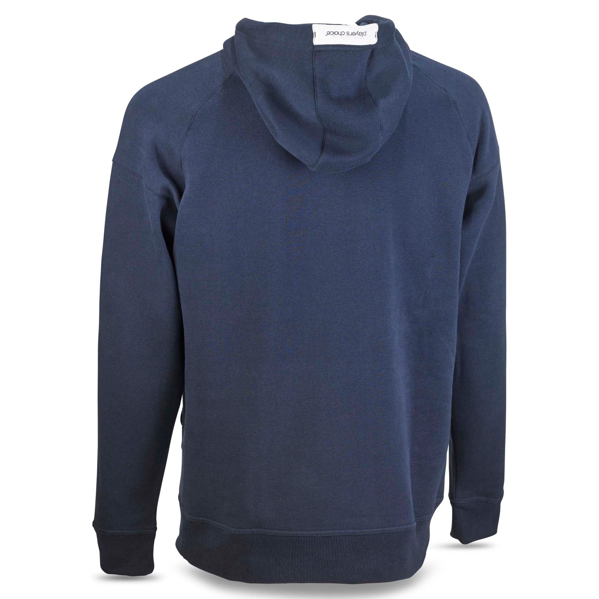 Marineblå Hoodie Oxford v25 fritidsklær, sett bakfra med hette og ribbede mansjetter.