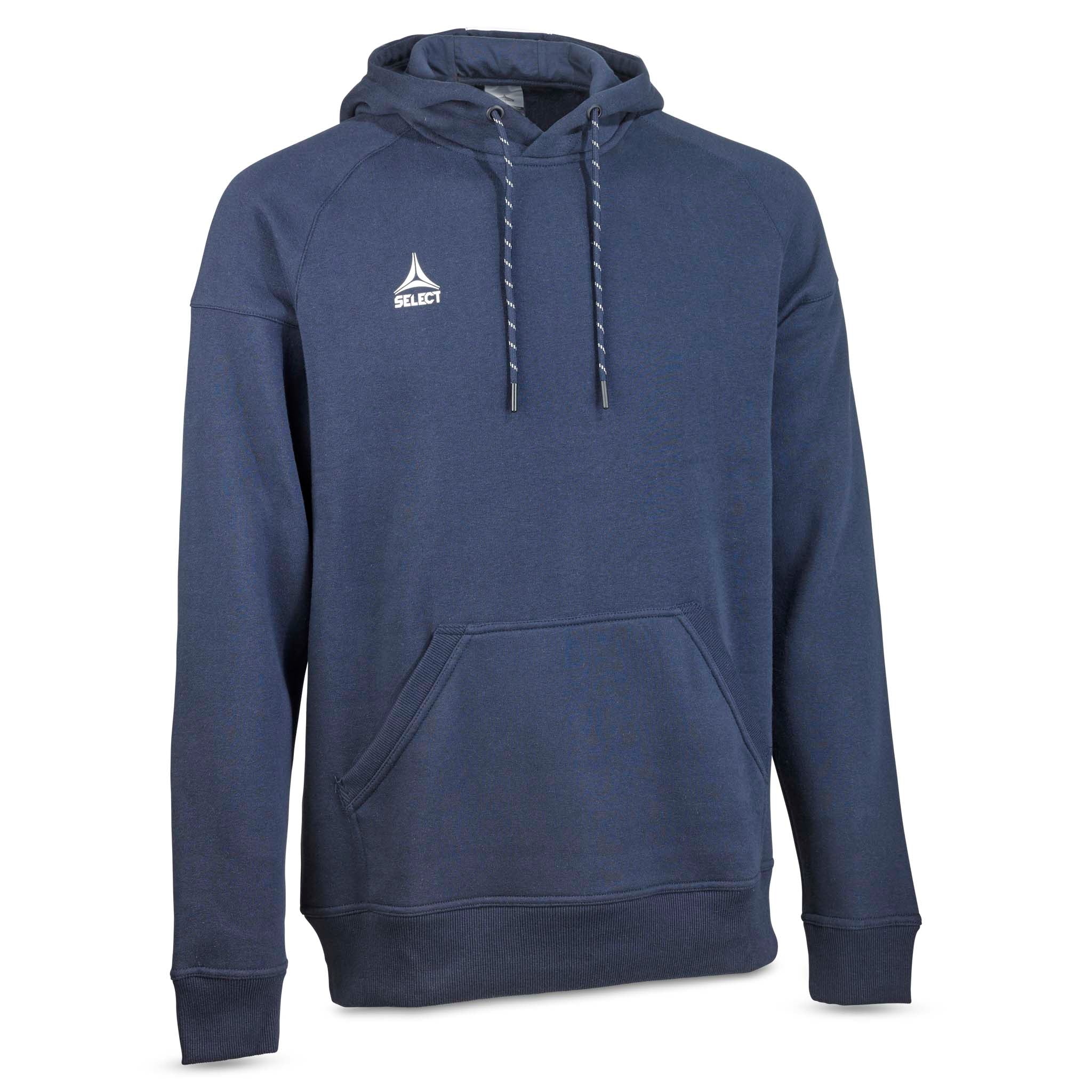 Marineblå Hoodie Oxford v25 fritidsklær, sett forfra med hette, snorer og lomme.