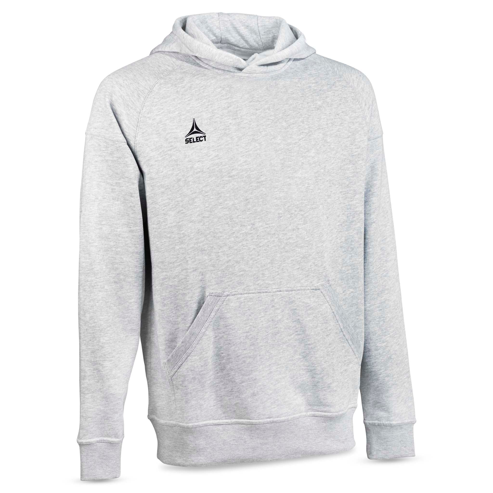 Grå Hoodie Oxford v25 fritidsklær, sett forfra med hette, logo og frontlomme.