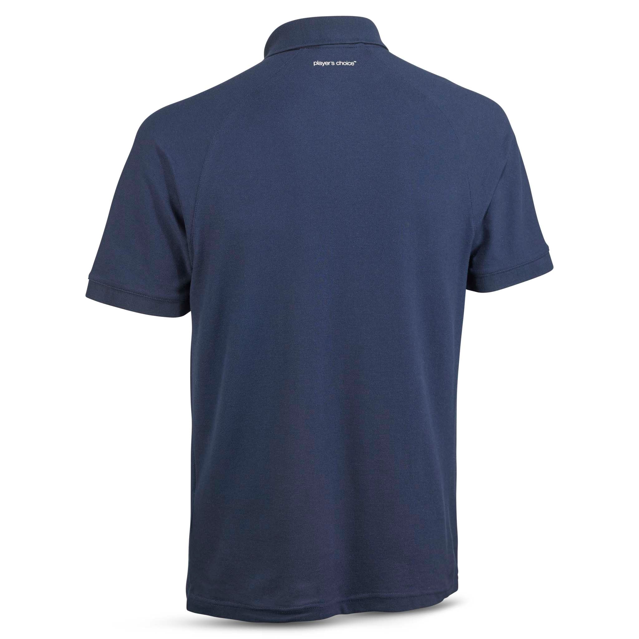 Bakside av marineblå Polo t-shirt Oxford v25, fritidsklær med krage og korte ermer.
