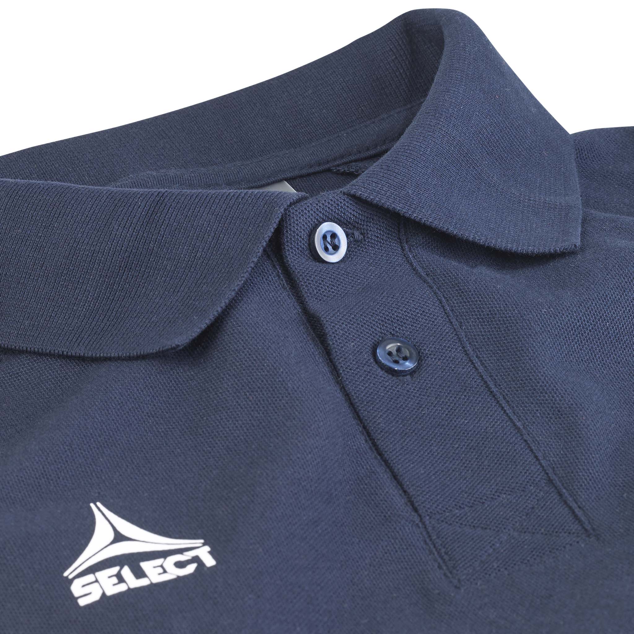 Nærbilde av marineblå Polo t-shirt Oxford v25 fritidsklær, som viser krage, knappestolpe og hvit Select-logo.