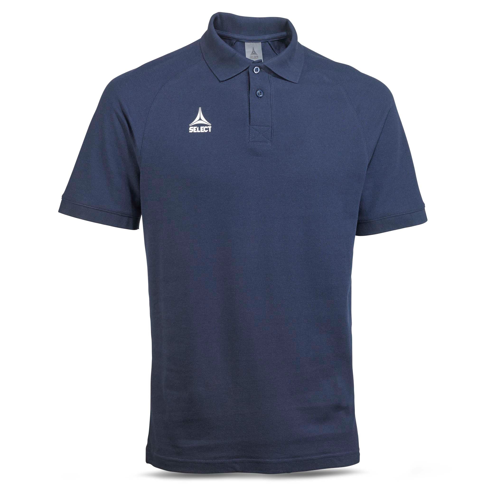 Marineblå Polo t-skjorte Oxford v25, fritidsklær, sett forfra med hvit logo på brystet.