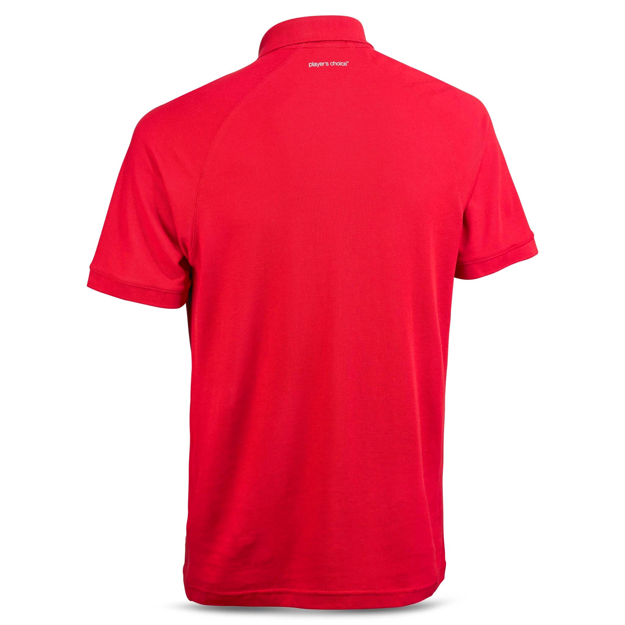 Rød Polo t-skjorte Oxford v25, fritidsklær, sett bakfra med krage og korte ermer.
