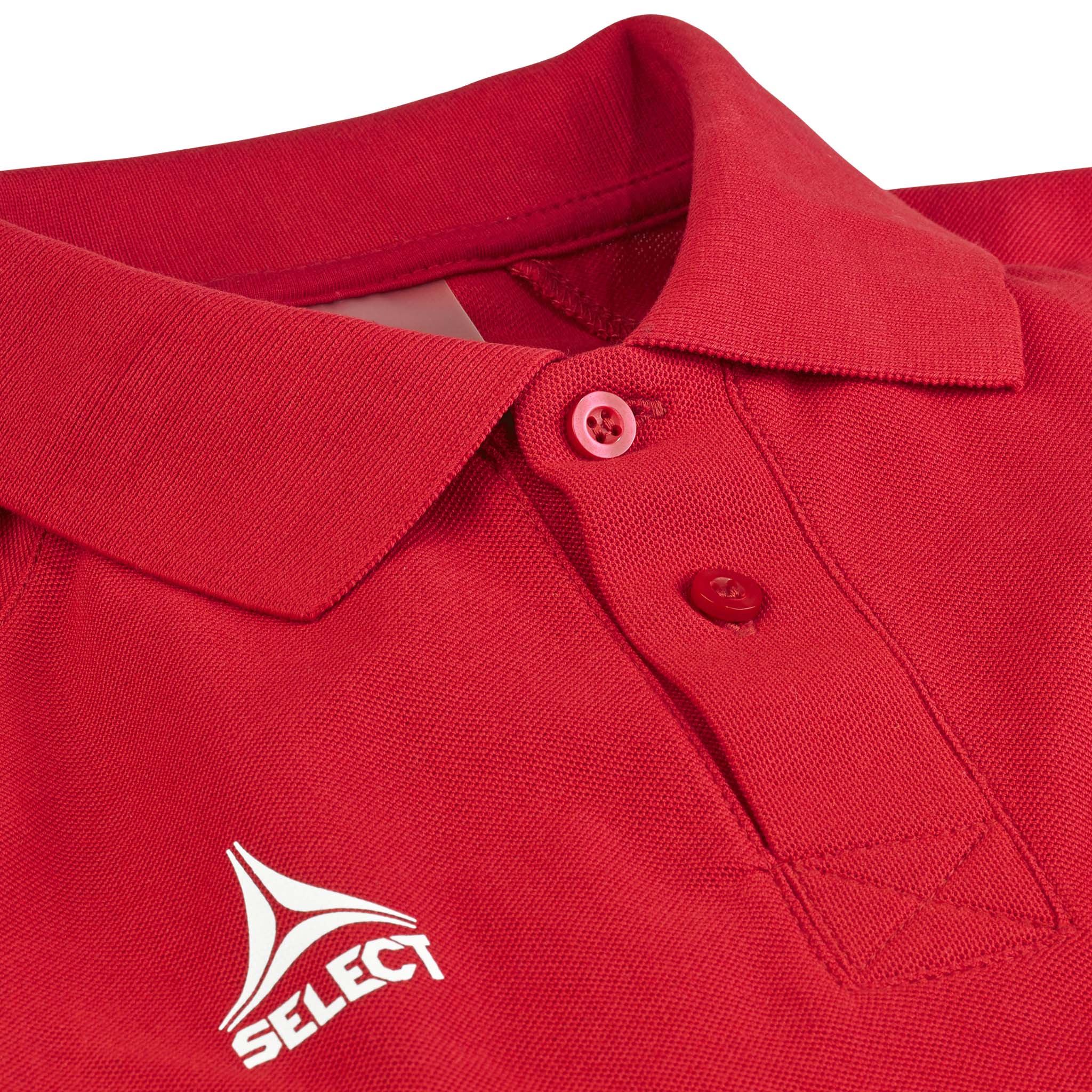 Nærbilde av rød Polo t-shirt Oxford v25, fritidsklær, med krage, knapper og hvit Select-logo