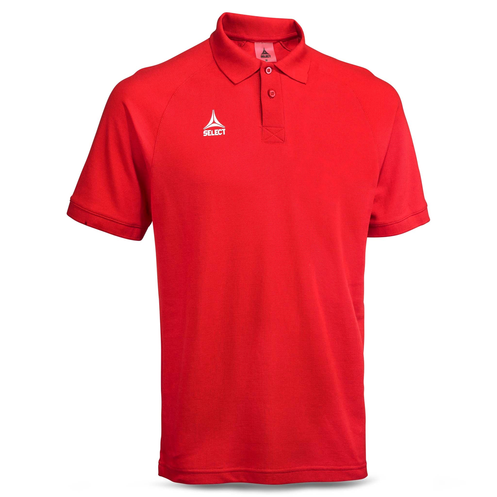Forside av rød Polo t-shirt Oxford v25, fritidstøy med hvit logo.