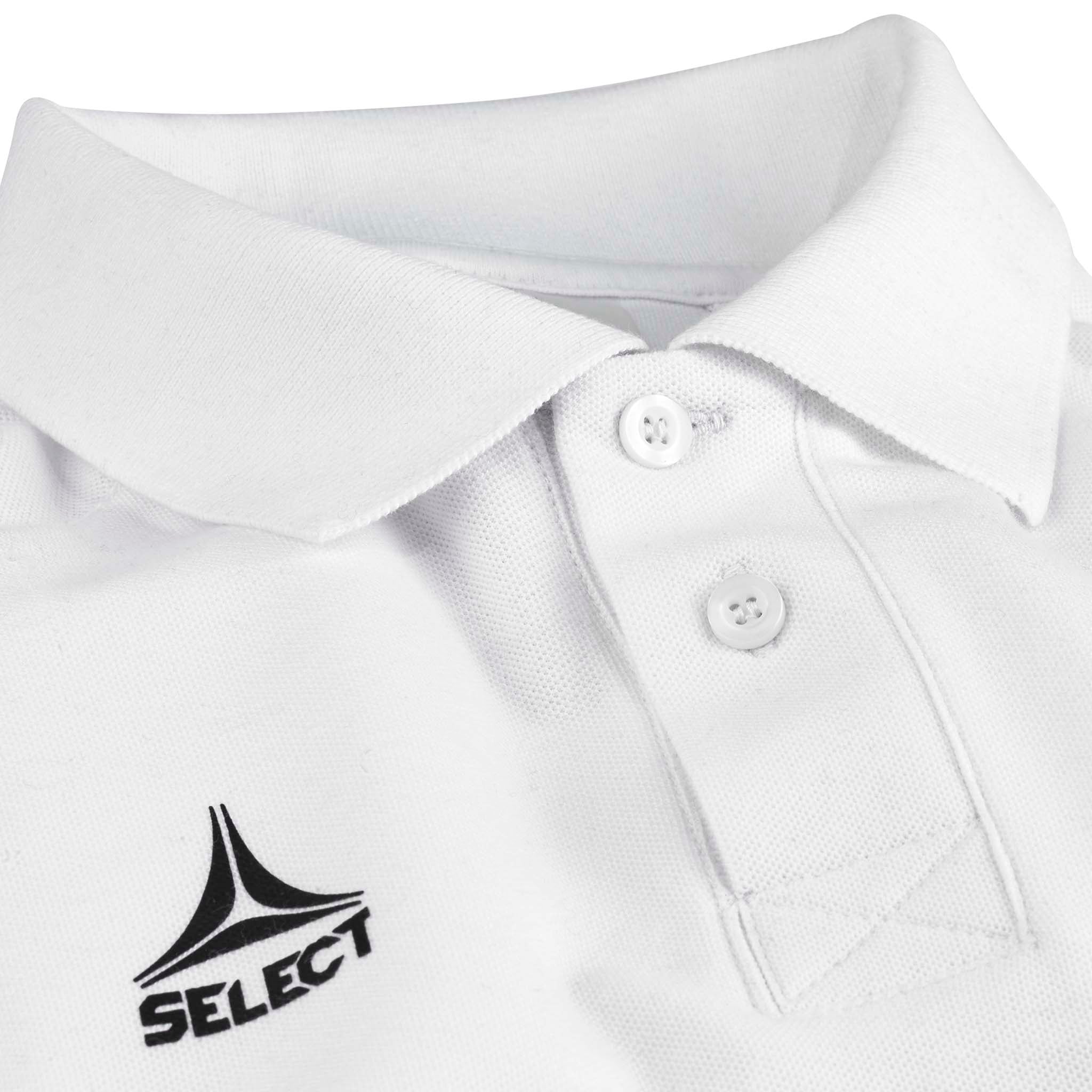 Nærbilde av hvit Polo t-skjorte Oxford v25, fritidsklær, med krage, knapper og Select-logo.