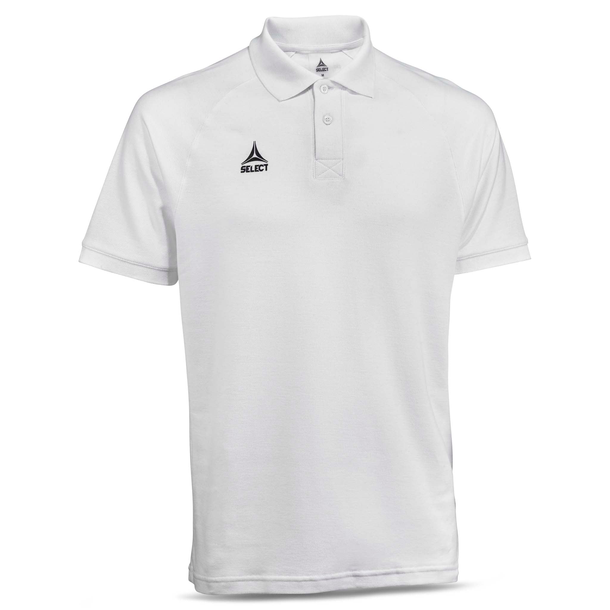 Forside av hvit Polo t-shirt Oxford v25, fritidsklær med svart fotballlogo på brystet