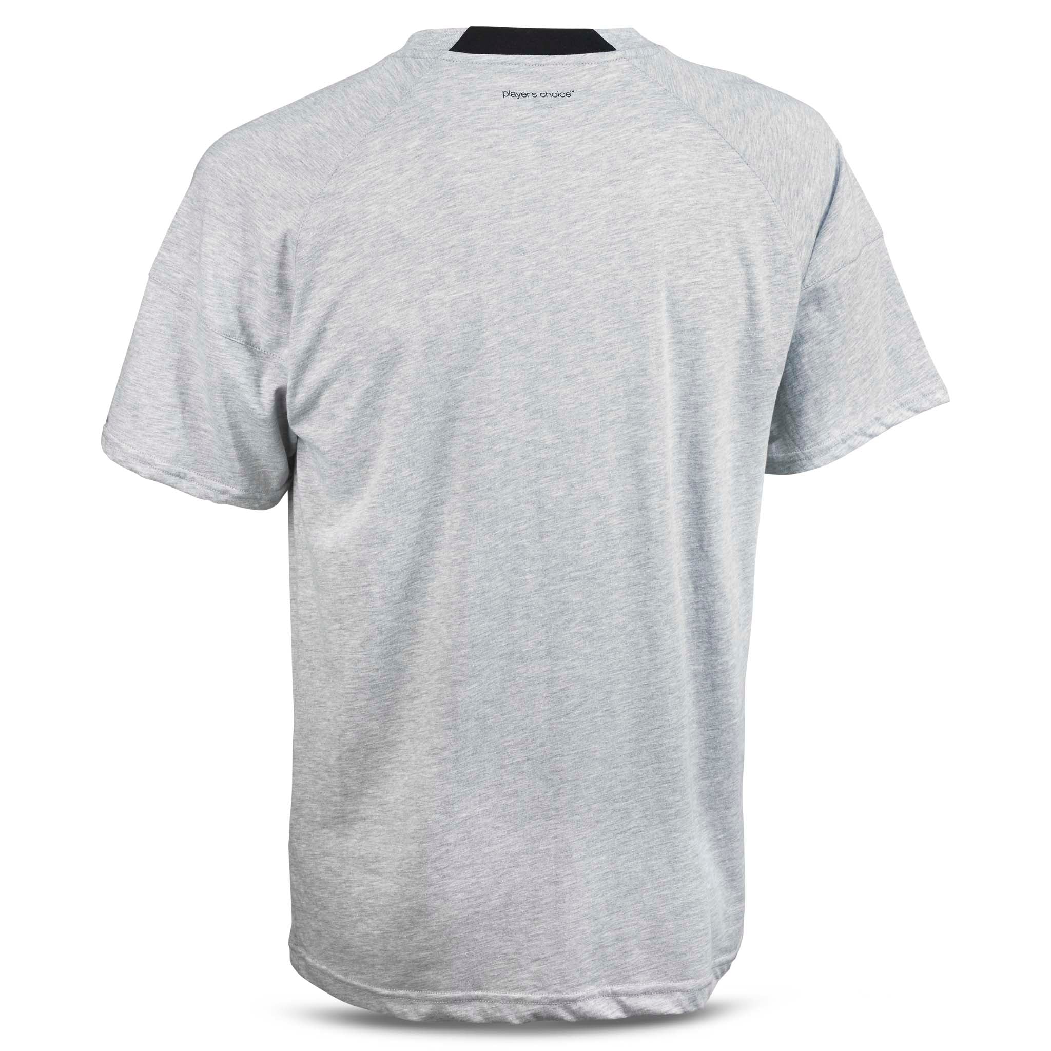 Grå T-Shirt Oxford v25 fritidsklær, sett bakfra med sort kragedetalj
