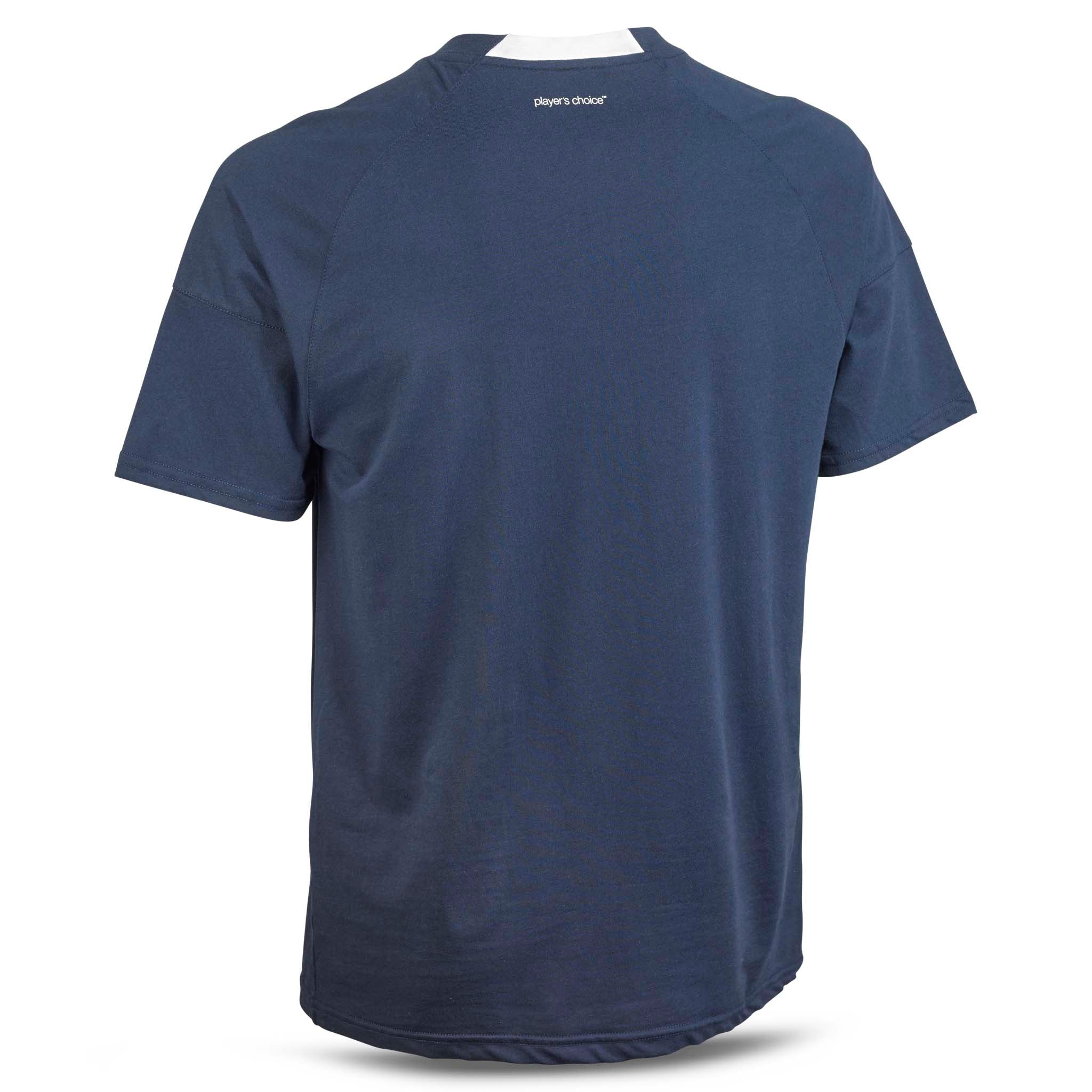 Marineblå T-Shirt Oxford v25, fritidsklær, baksidevisning av fotballtrøye med hvit kravekant.