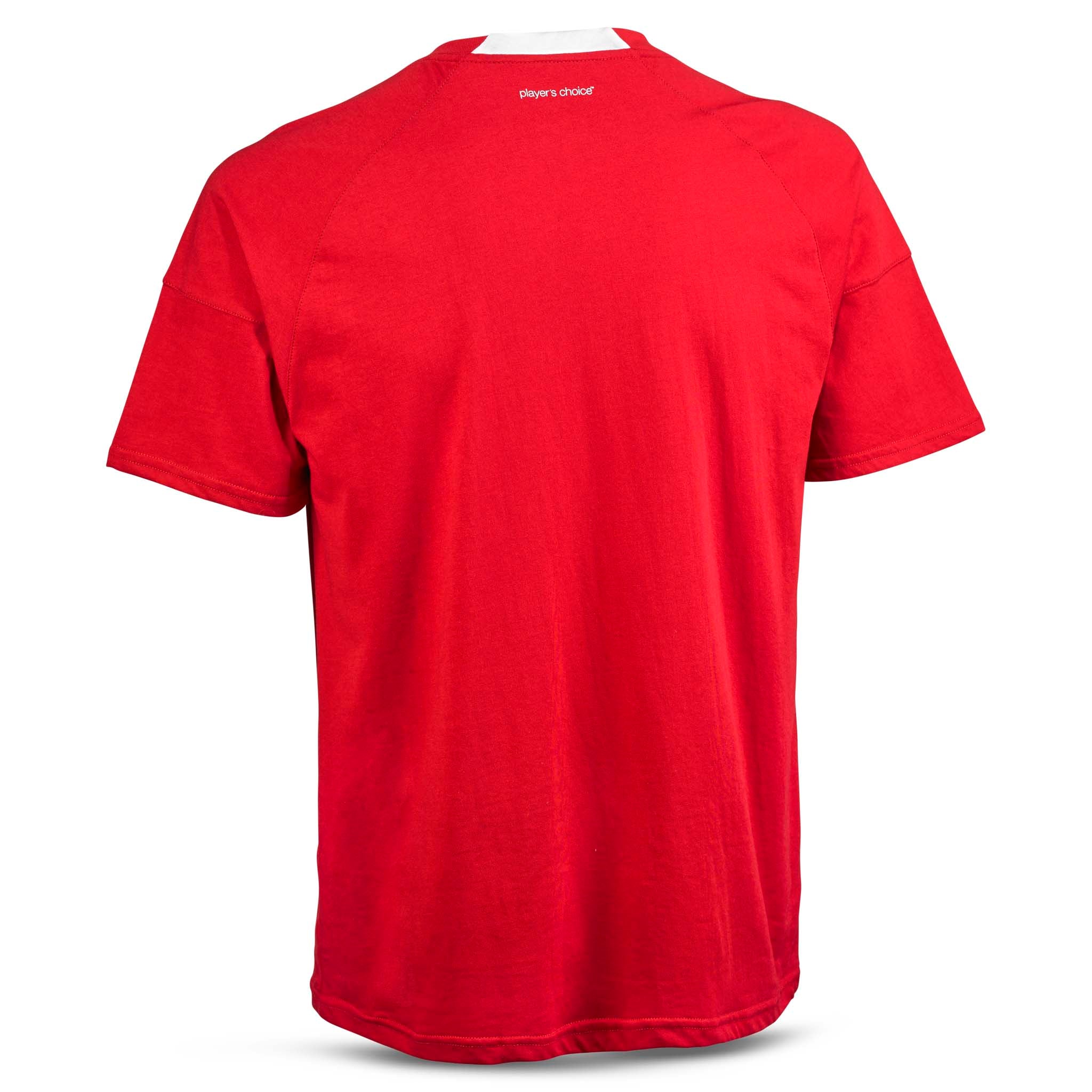 Rød T-Shirt Oxford v25, fritidsklær, sett bakfra med hvit innvendig kragedetalj.