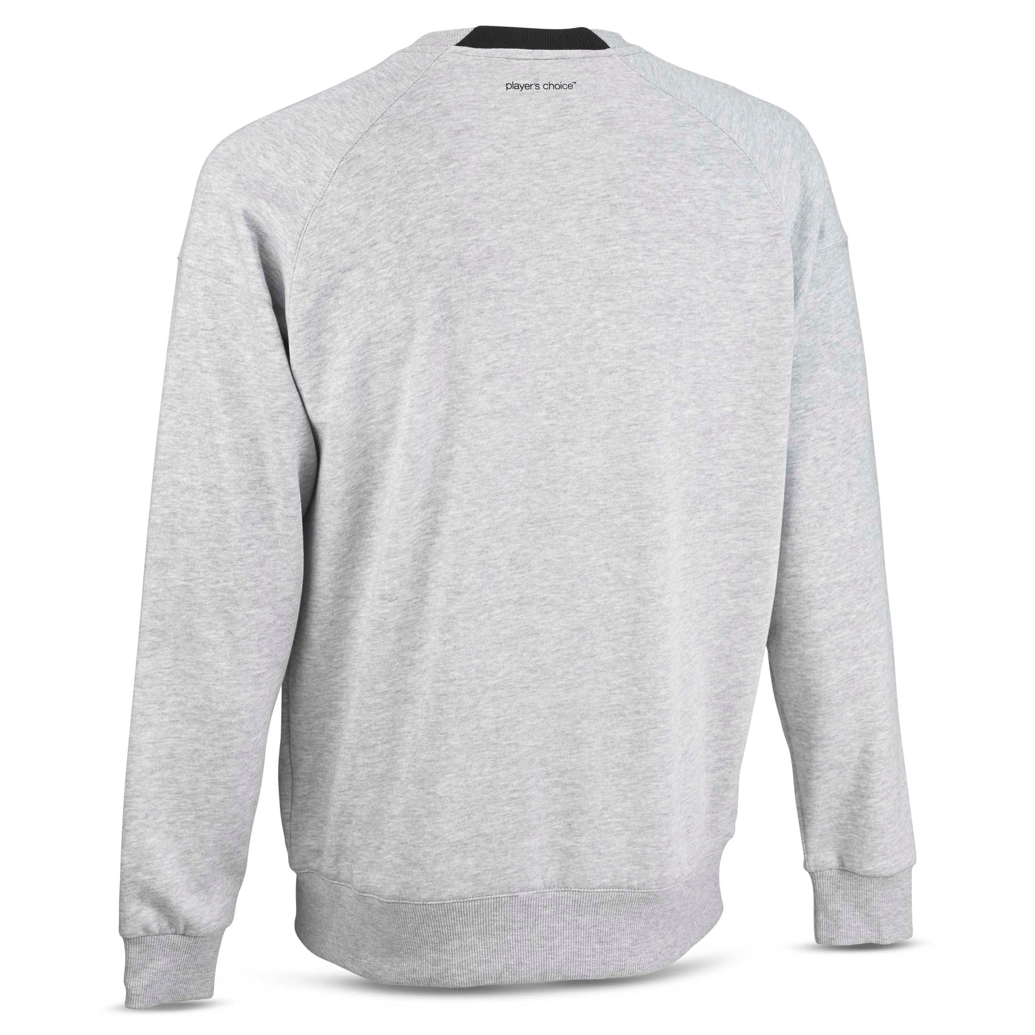 Grå Sweat Oxford v25 fritidsgenser, sett bakfra med svart innvendig kragedetalj.