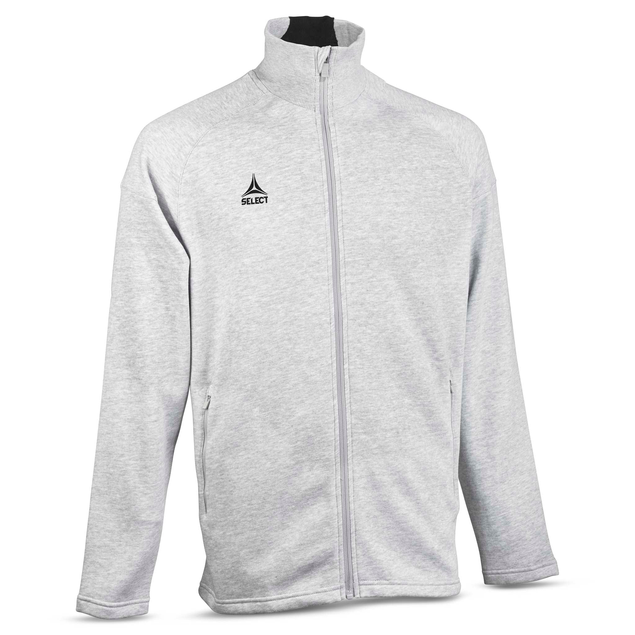 Grå Zip jacket Oxford v25, fritidsklær, sett forfra med glidelås og brystlogo.