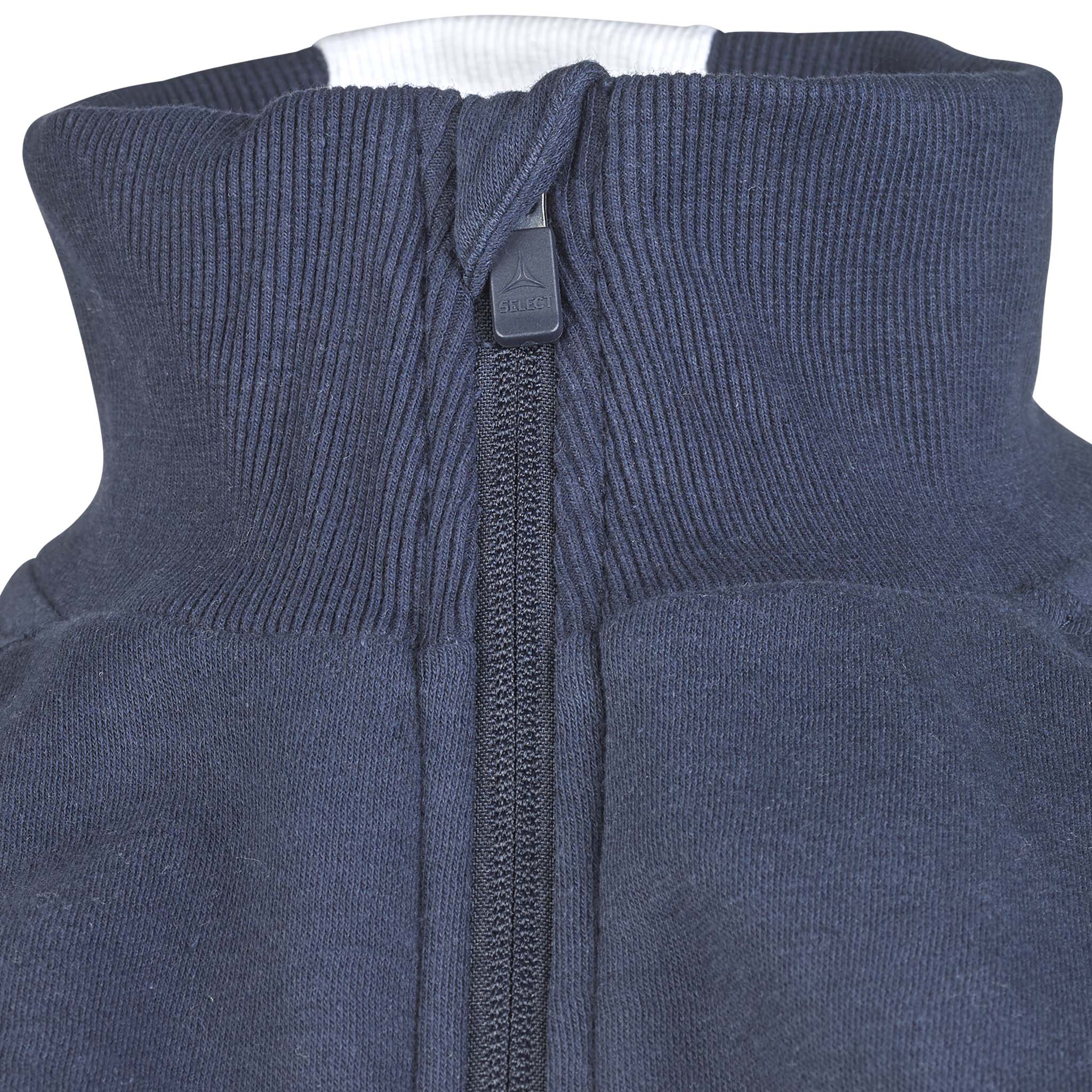 Nærbilde av marineblå Zip jacket Oxford v25 fritidsklær med ribbet krage og glidelåsdetalj