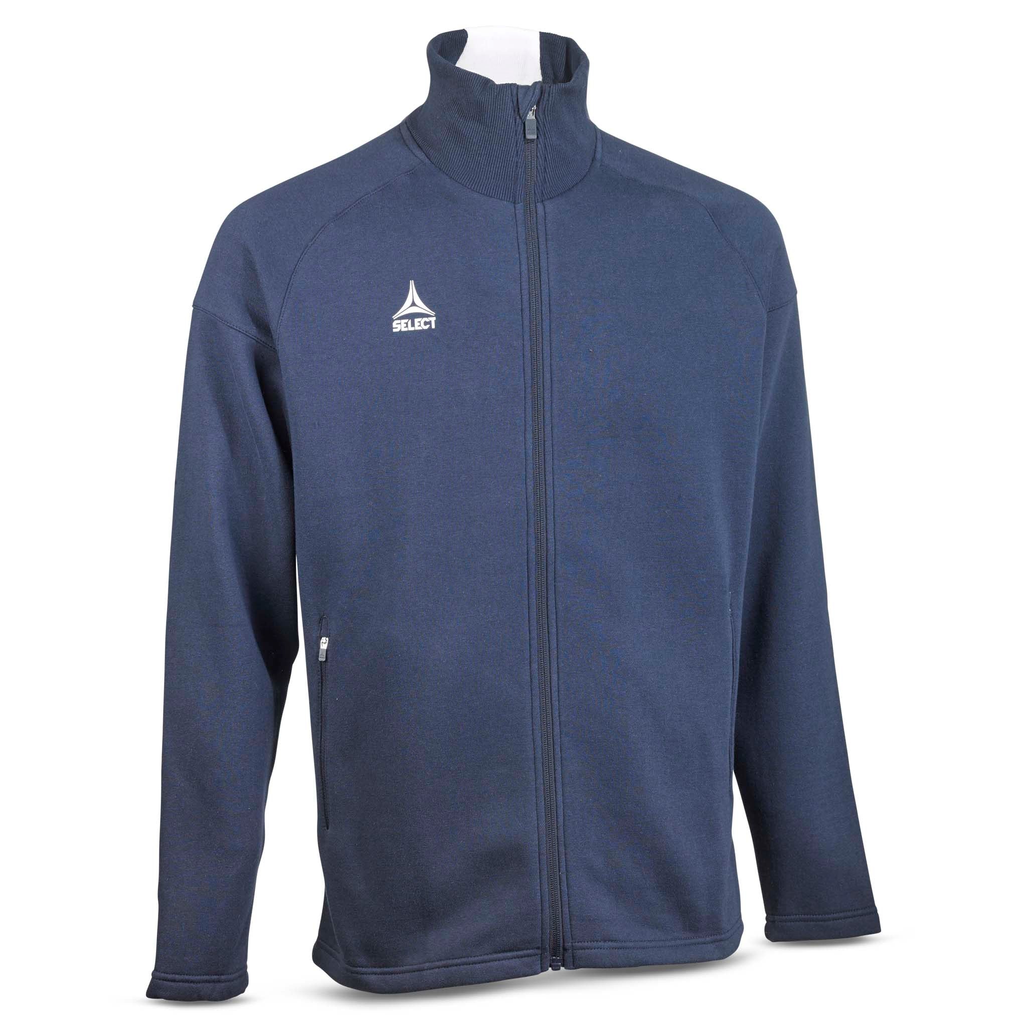 Marineblå Zip jacket Oxford v25, fritidsklær, sett forfra med glidelås i full lengde og hvit logo.