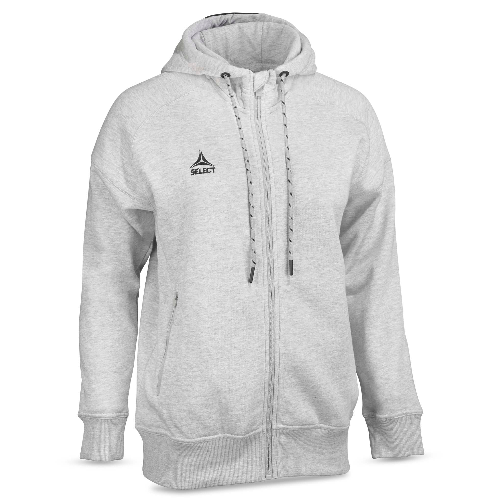 Forfra av grå Zip hoodie Oxford woman v25, fritidsklær med hette og glidelås.