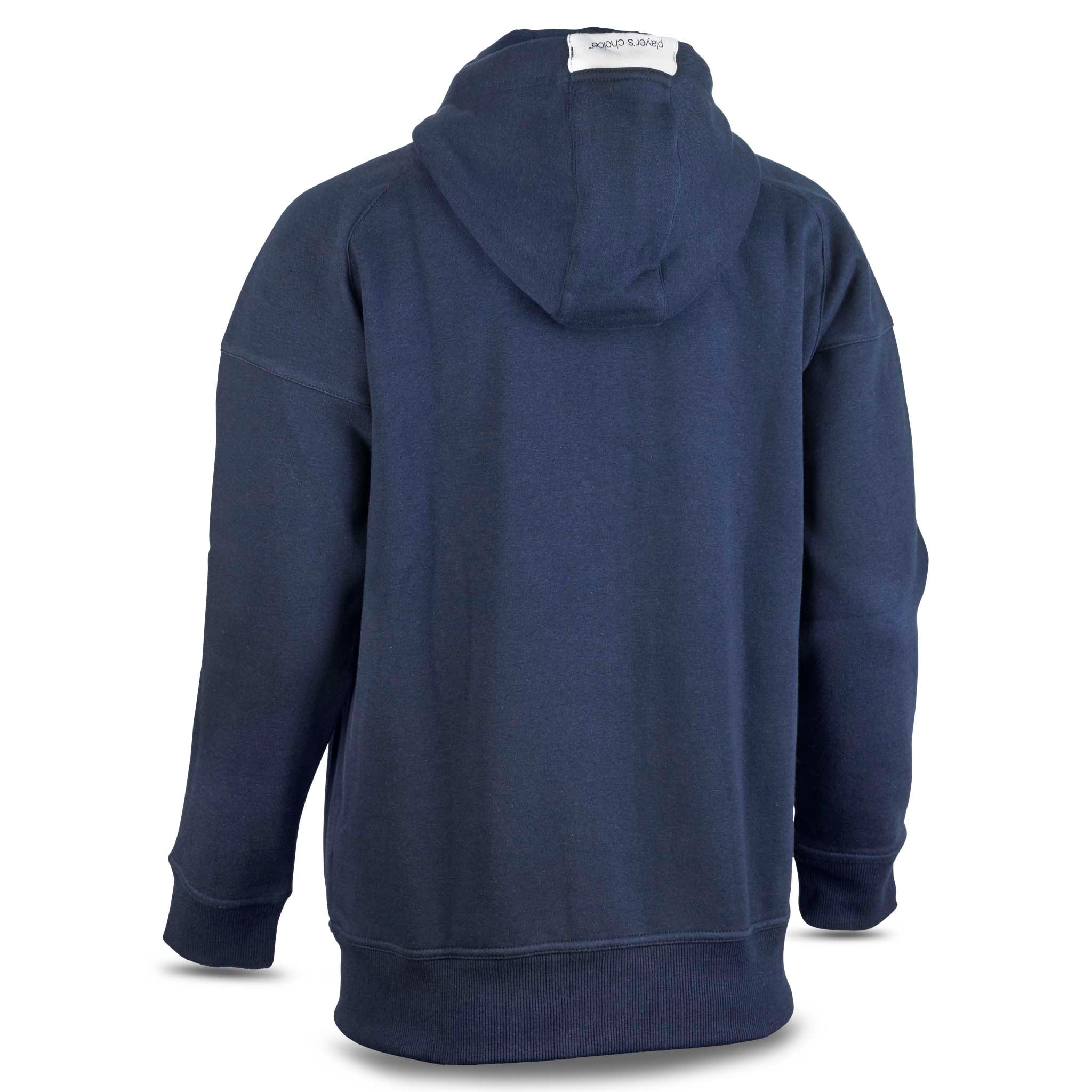 Marineblå Zip hoodie Oxford woman v25, fritidsklær, vist bakfra med hette.