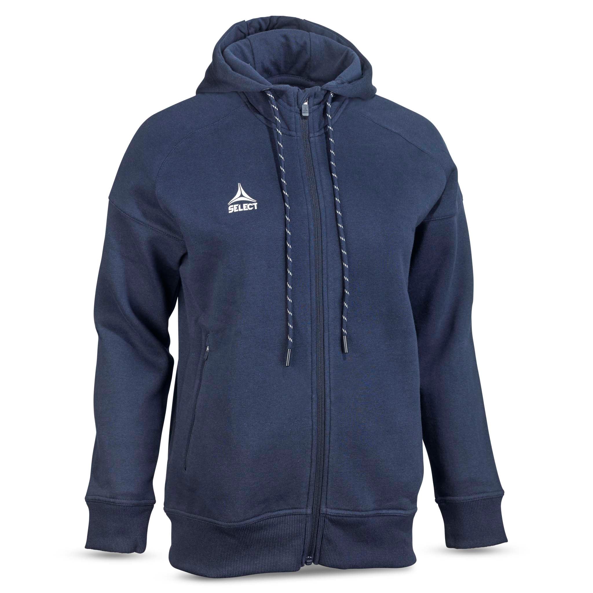 Marineblå Zip hoodie Oxford woman v25, fritidsklær, sett forfra med hette og glidelås