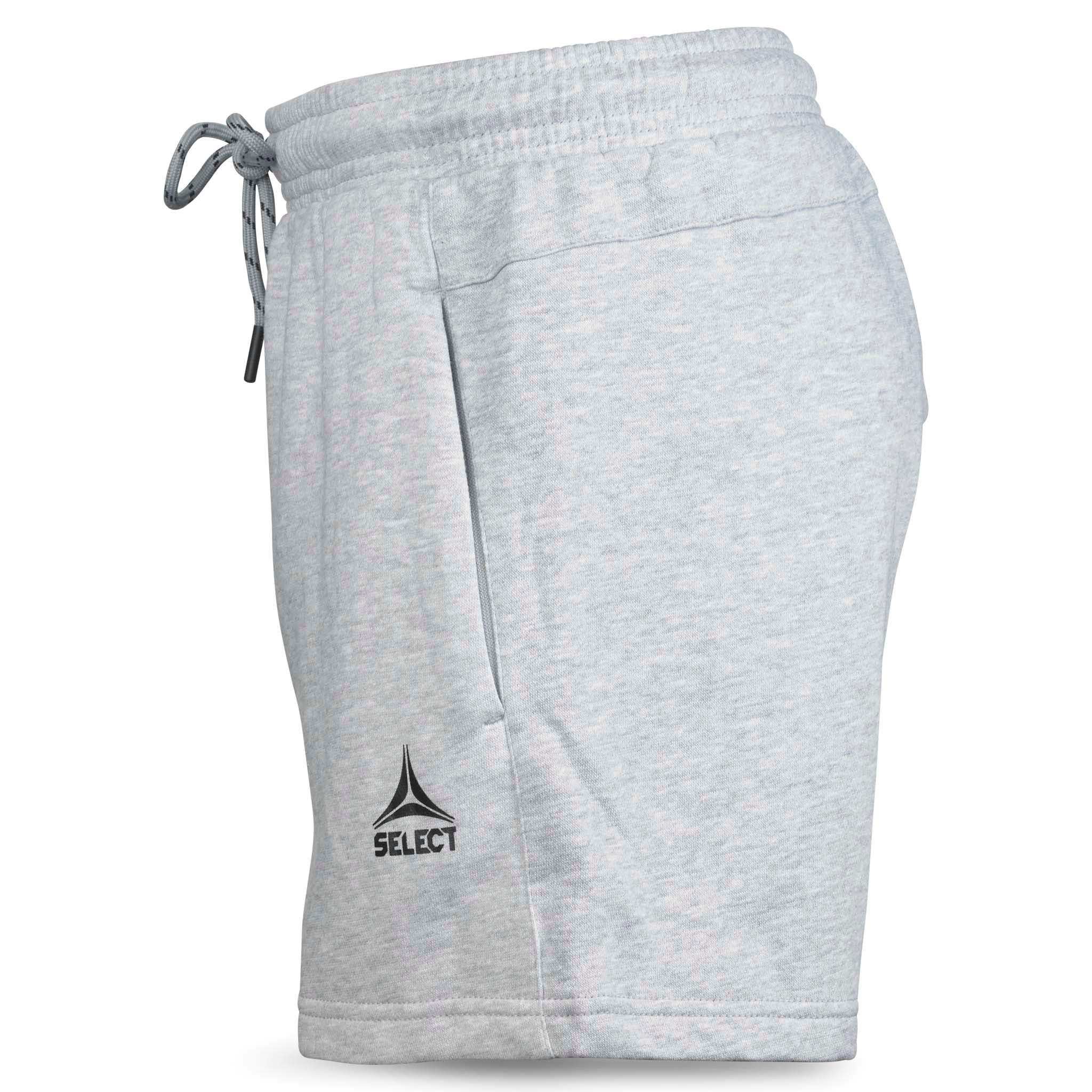 Grå Sweat shorts Oxford women v25, fritidsklær, sett fra venstre side med svart fotballogo og snøring.