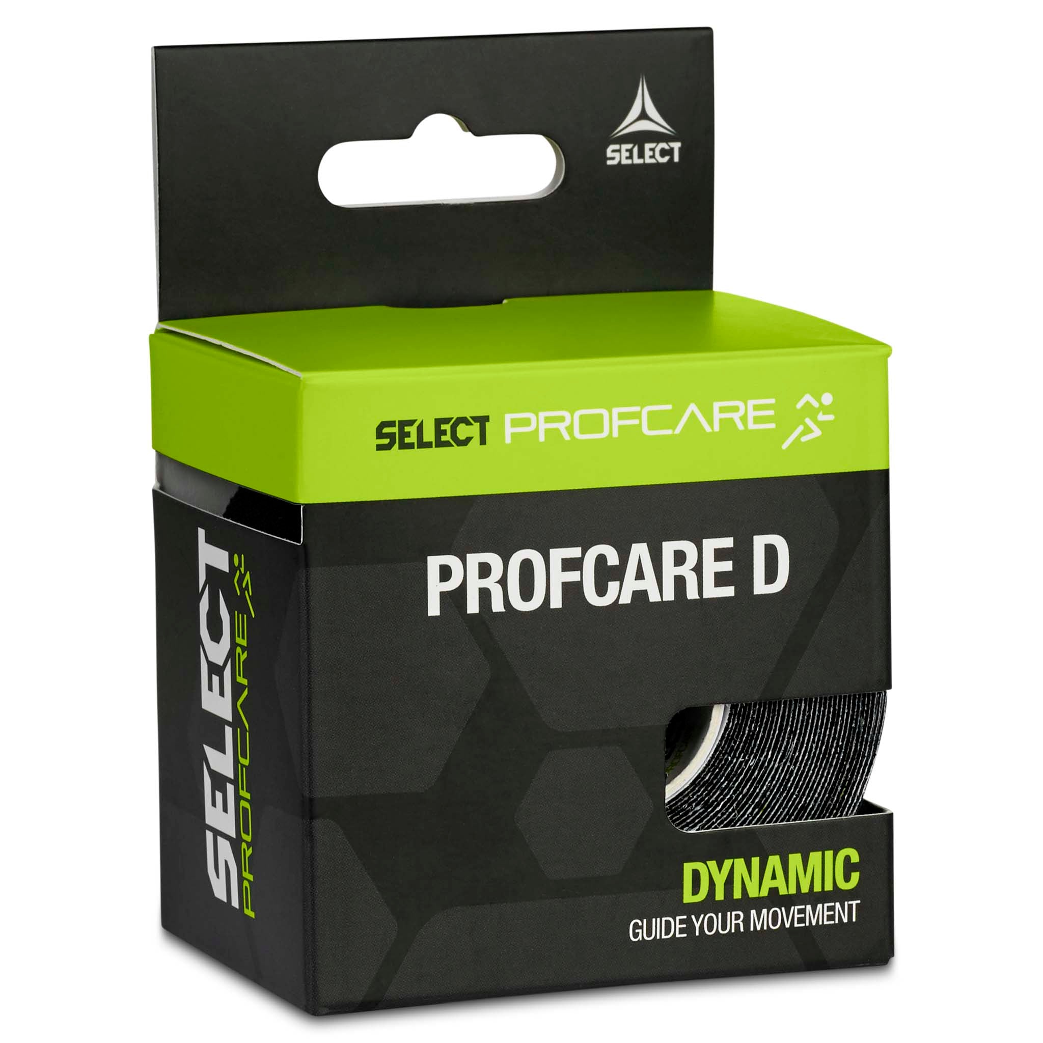 Profcare D sportspleietape i svart eske med grønne detaljer, sett fra venstre side.