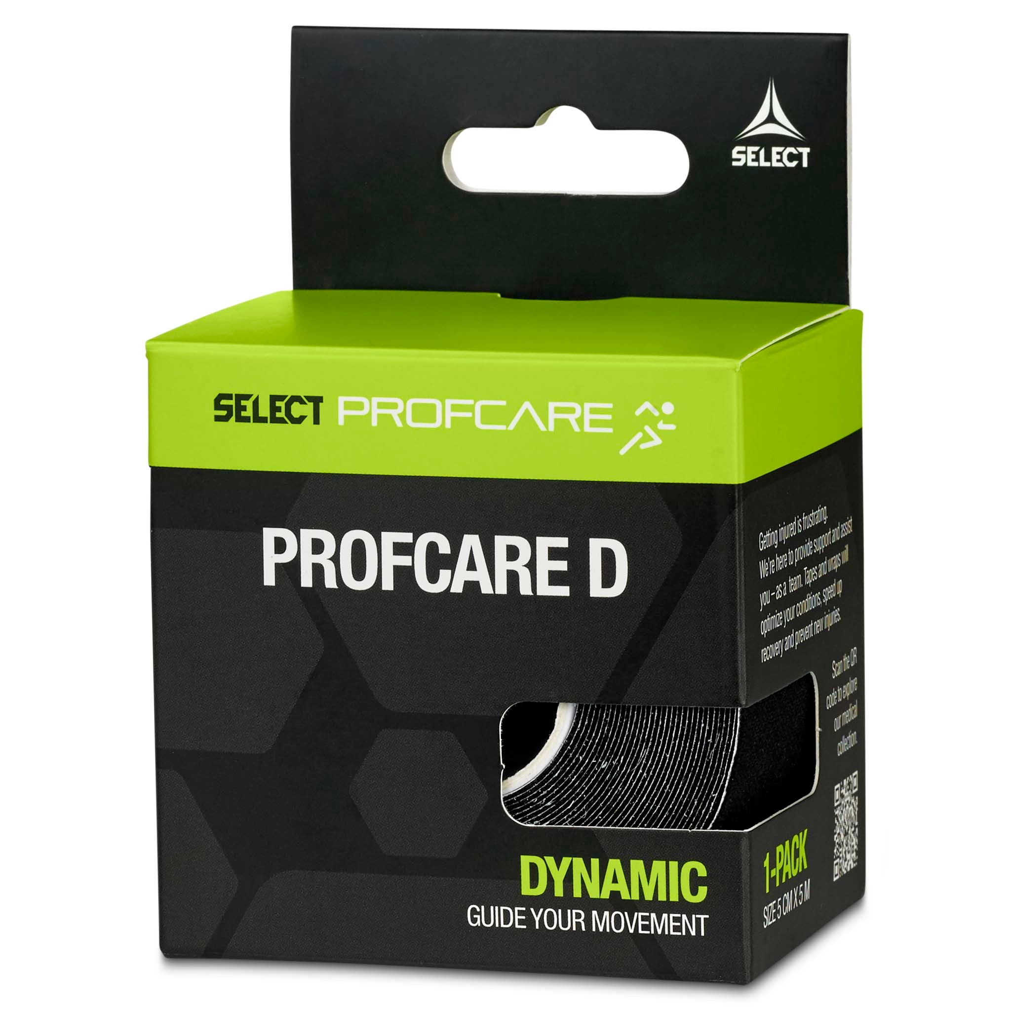 Forside av sort og grønn Profcare D sportspleietape-eske, sett fra høyre.