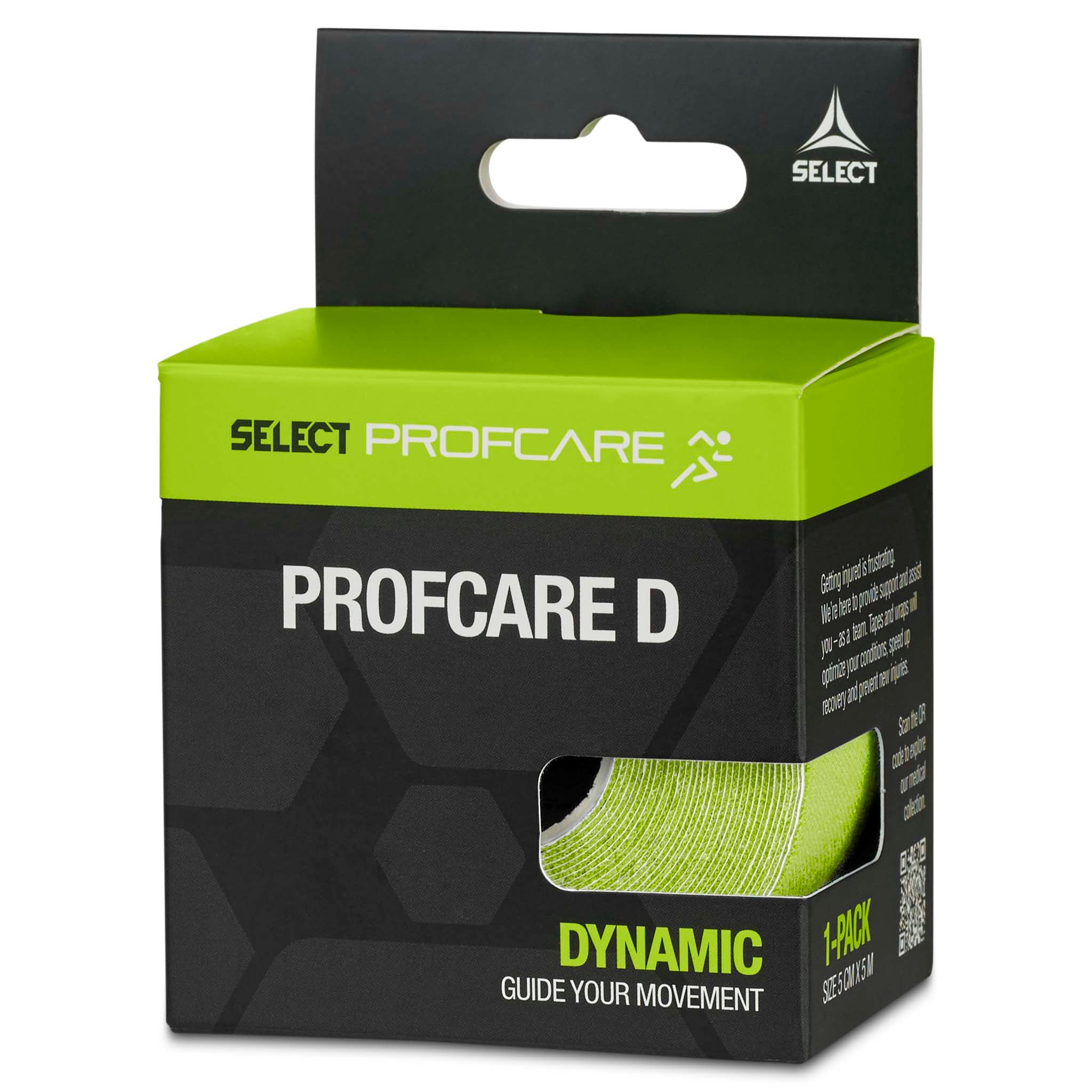 Profcare D sports care tape, grønn og svart emballasje, sett fra høyre side med opprullet tape.