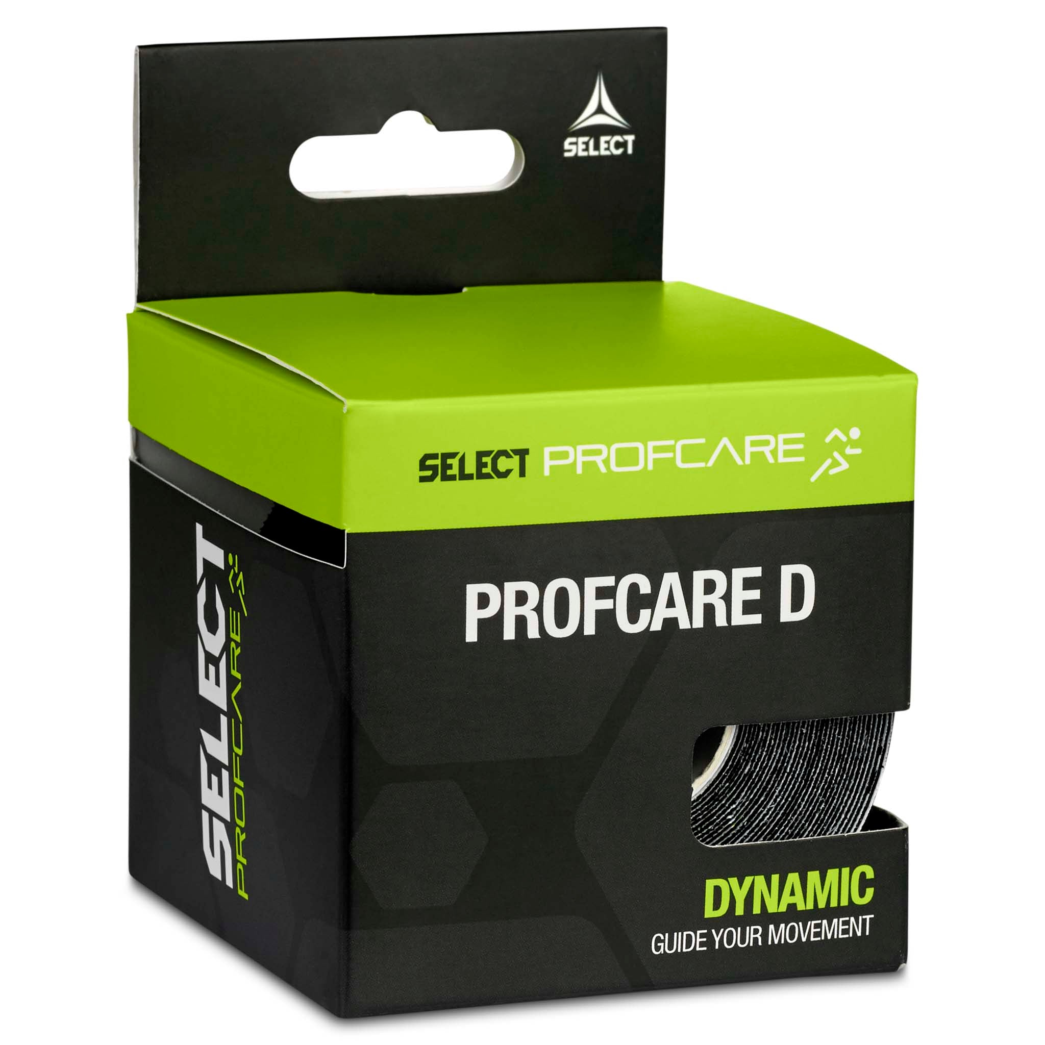 Profcare D sportspleietape i svart, grønn og hvit emballasje, sett fra venstre side.