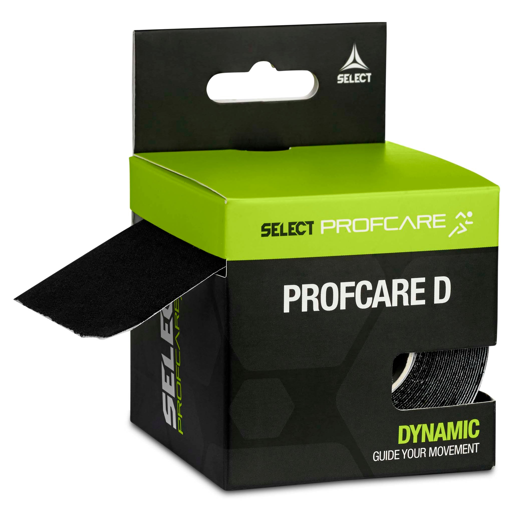 Profcare D sports care teip i svart, vist i grønn og hvit emballasje, sett fra venstre med teipen delvis synlig.