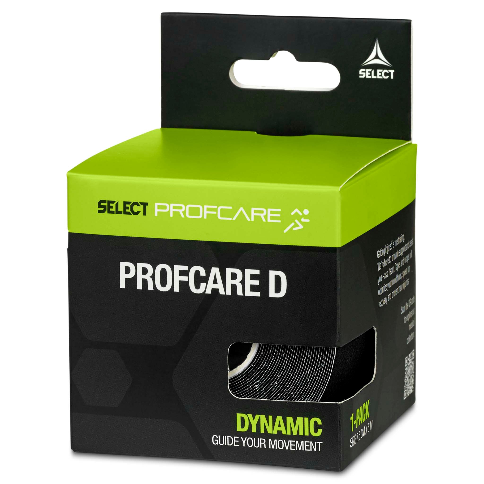 Profcare D sports care tape i svart og grønn emballasje, vinkelvisning fra høyre side av esken.