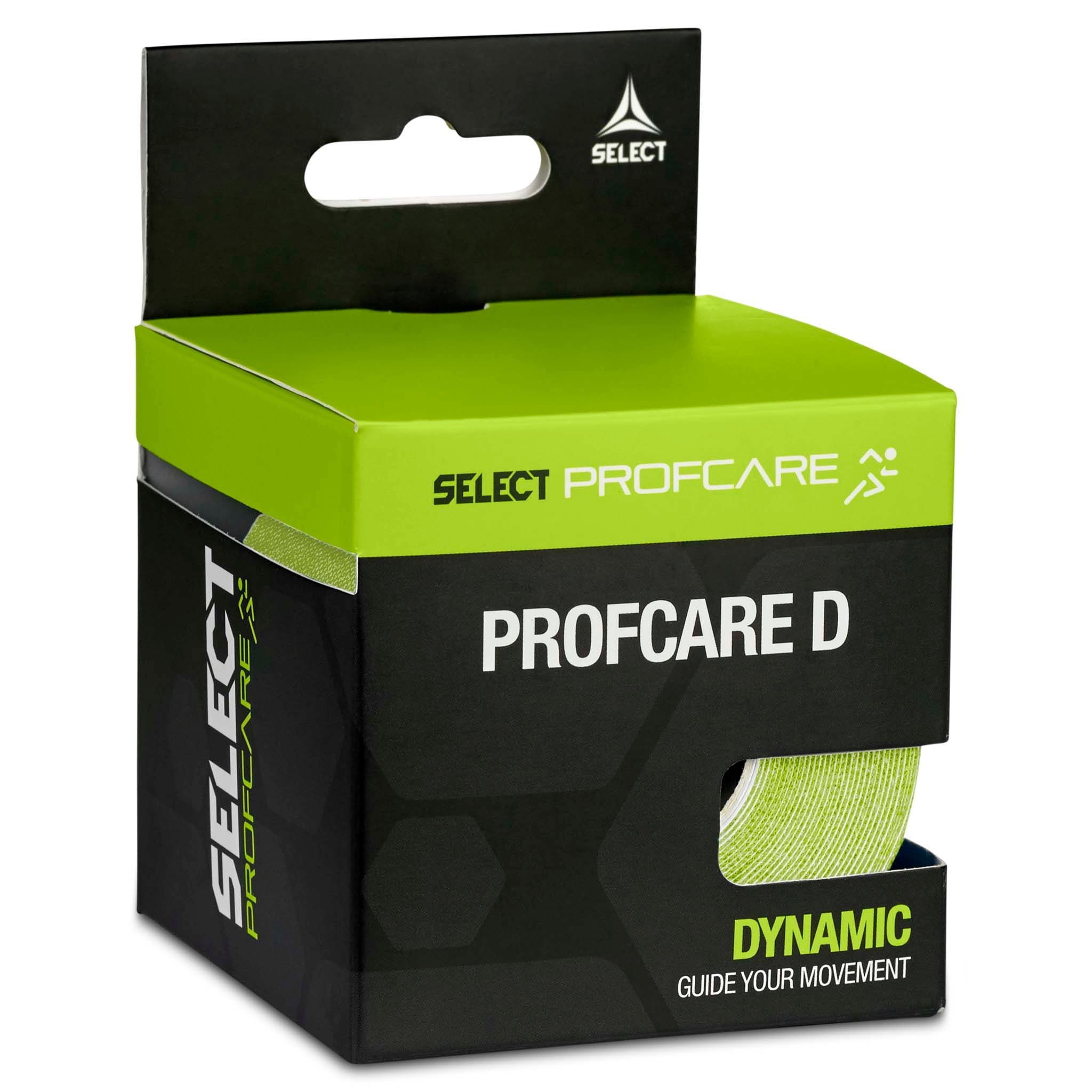 Profcare D sportspleie-tape i grønn og svart emballasje, sett fra venstre med dynamisk fotball-tape.