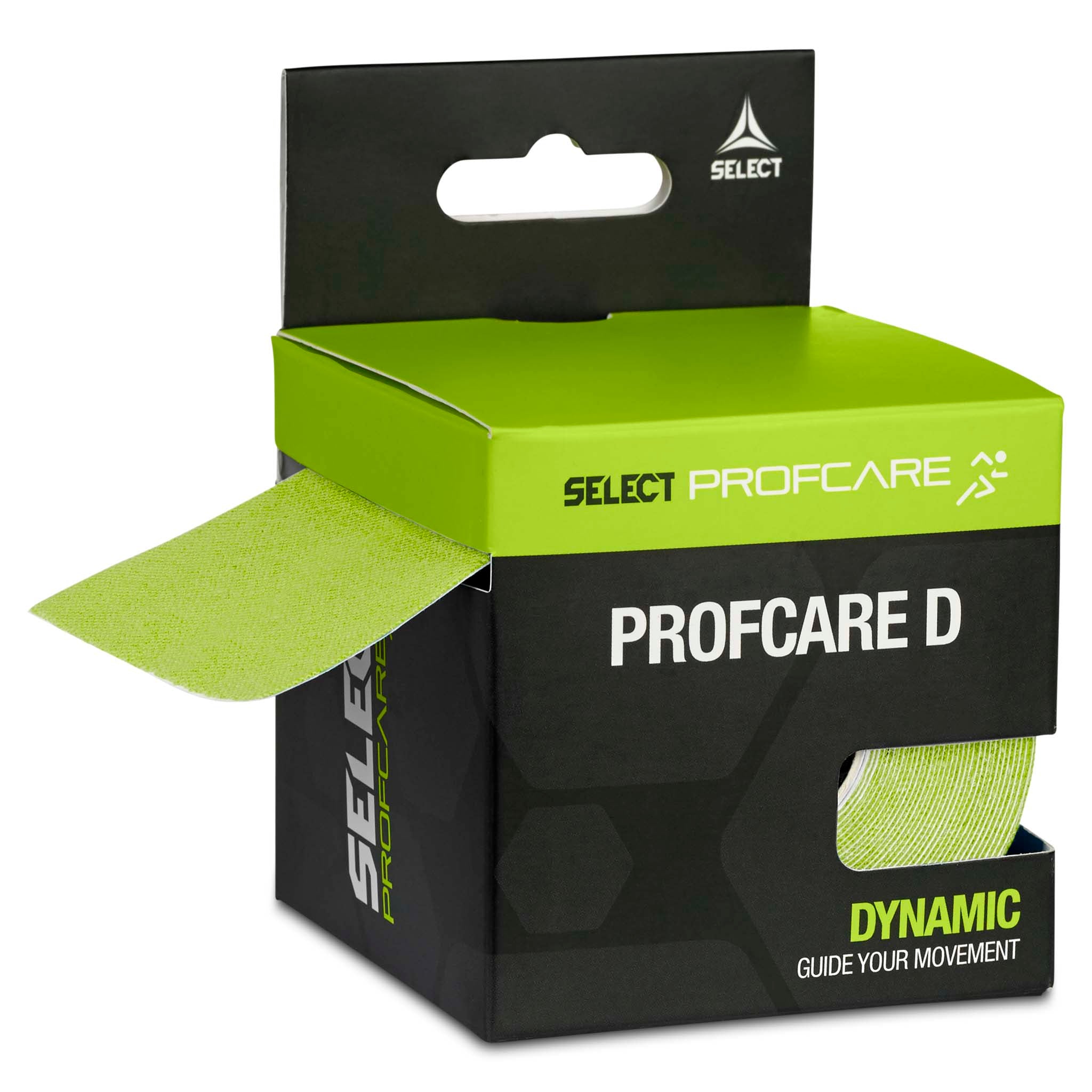Profcare D sportspleietape i grønt, vist med venstre side av emballasjen og grønn kinesiotape som stikker ut.