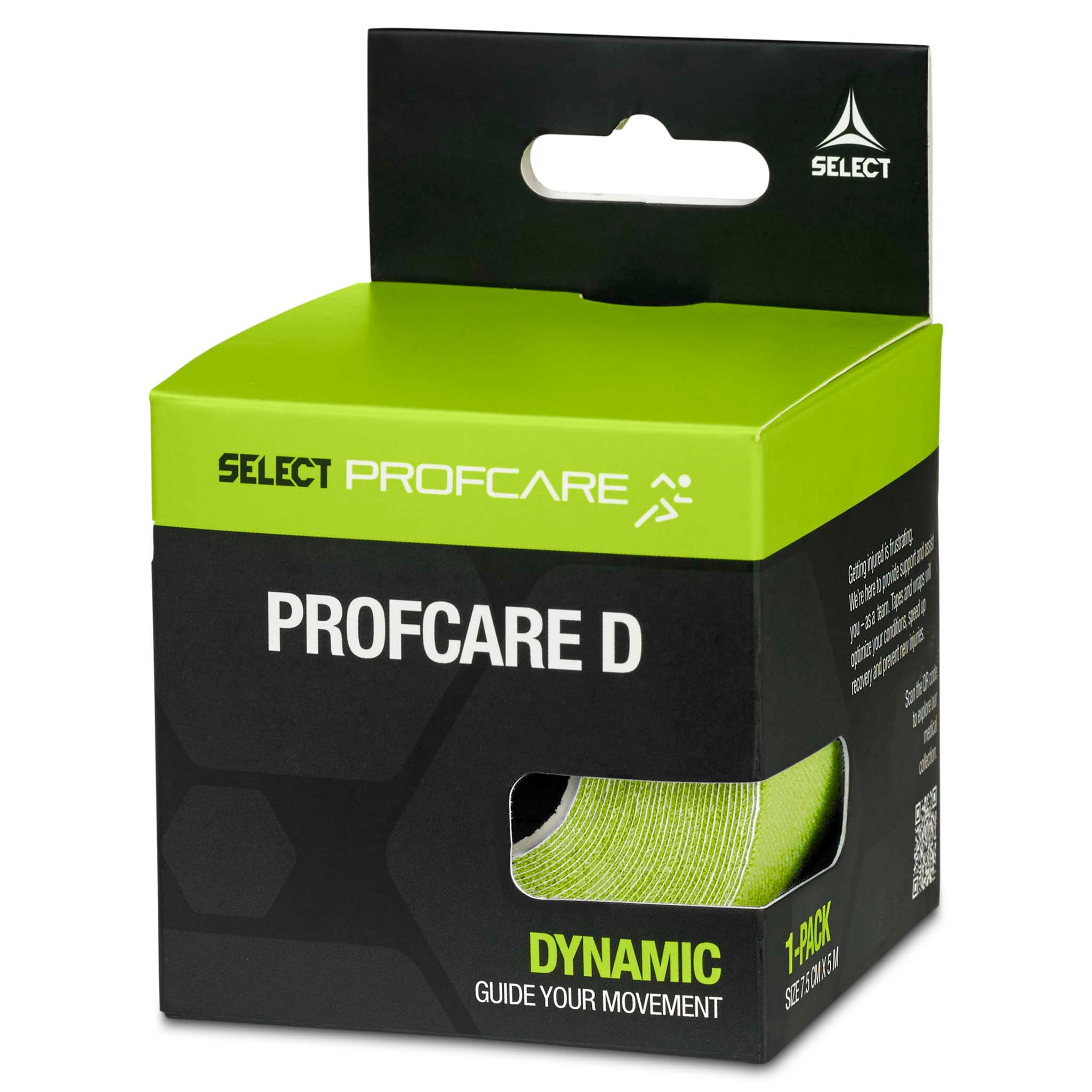 Profcare D dynamisk sportstape i grønt, vist fra høyre side i svart-grønn emballasje.