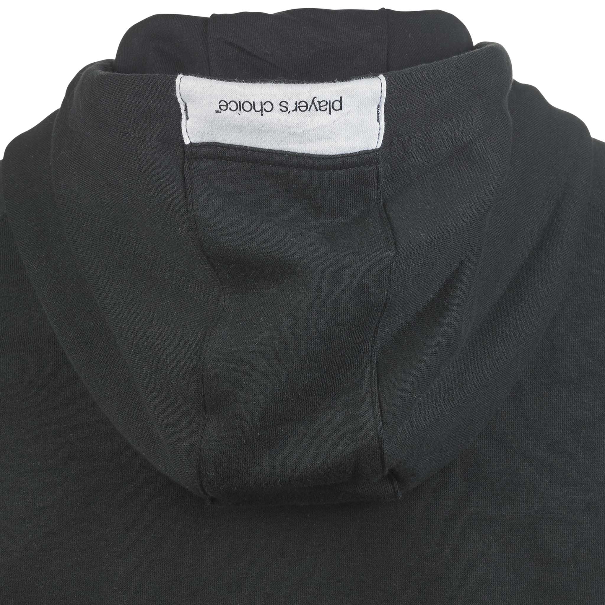 Nærbilde av svart Zip hoodie Oxford woman v25 fritidsklær, viser hette og 'players choice'-merke