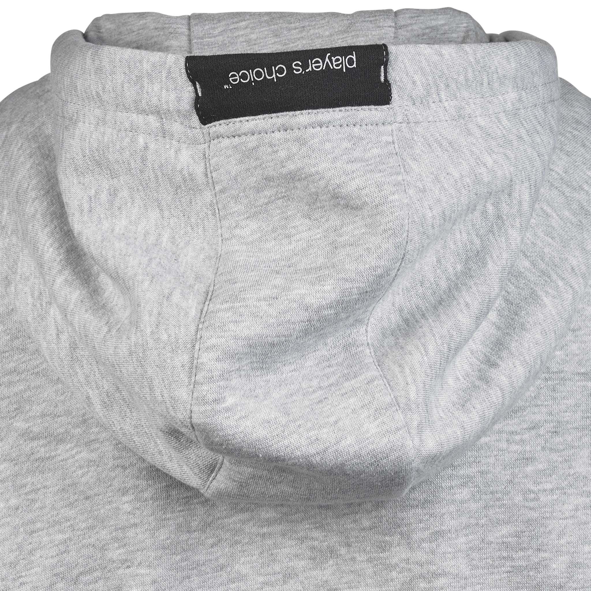 Nærbilde av grå Zip hoodie Oxford woman v25 fritidsklær med hette og player's choice-merke.